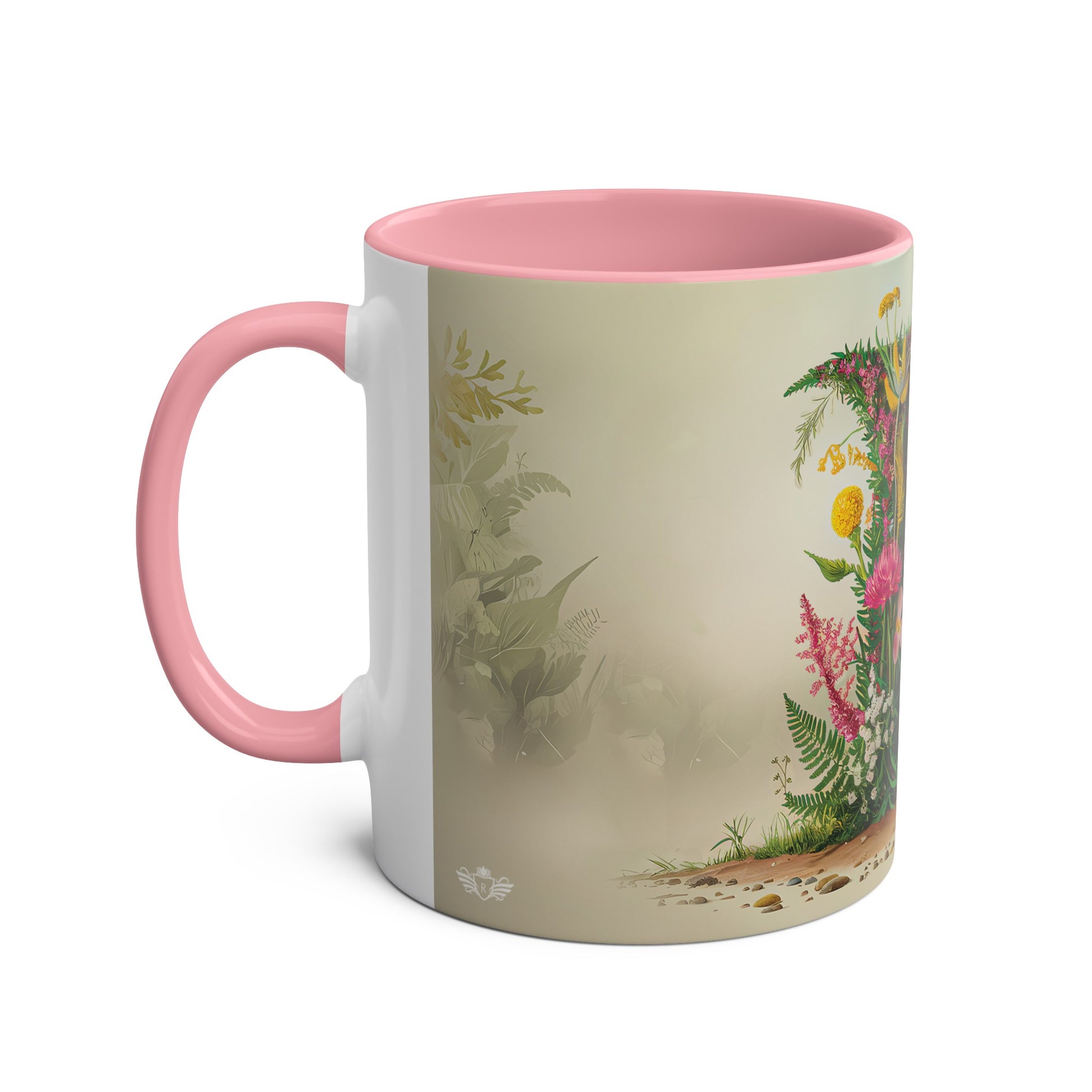 Floral Fantasy Two-Tone Ceramic Mug with Letter F Pink-02