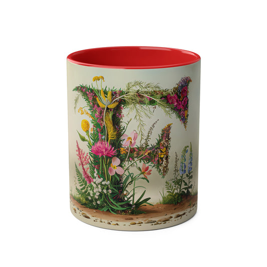 Floral Fantasy Two-Tone Ceramic Mug with Letter F Red-01