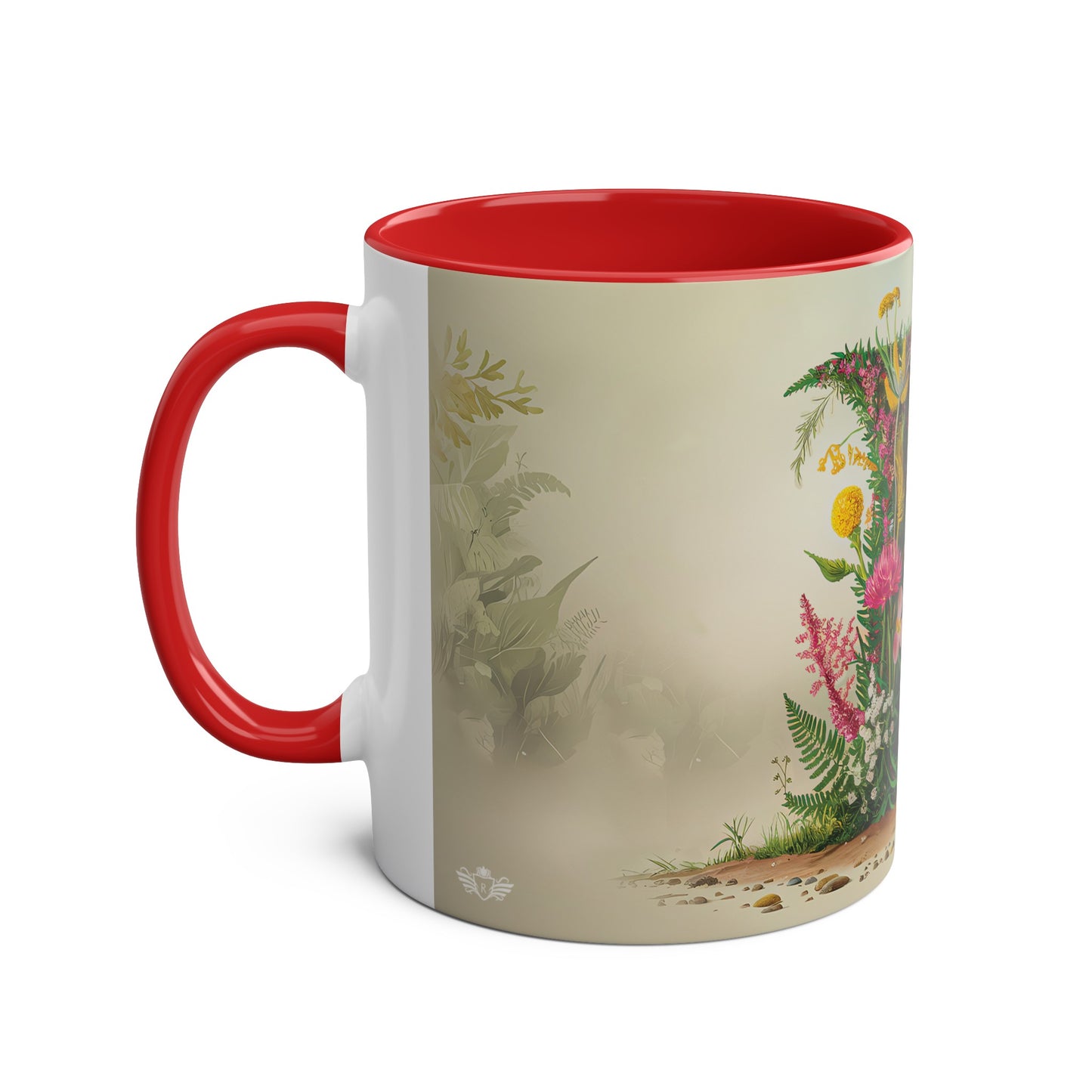 Floral Fantasy Two-Tone Ceramic Mug with Letter F Red-02