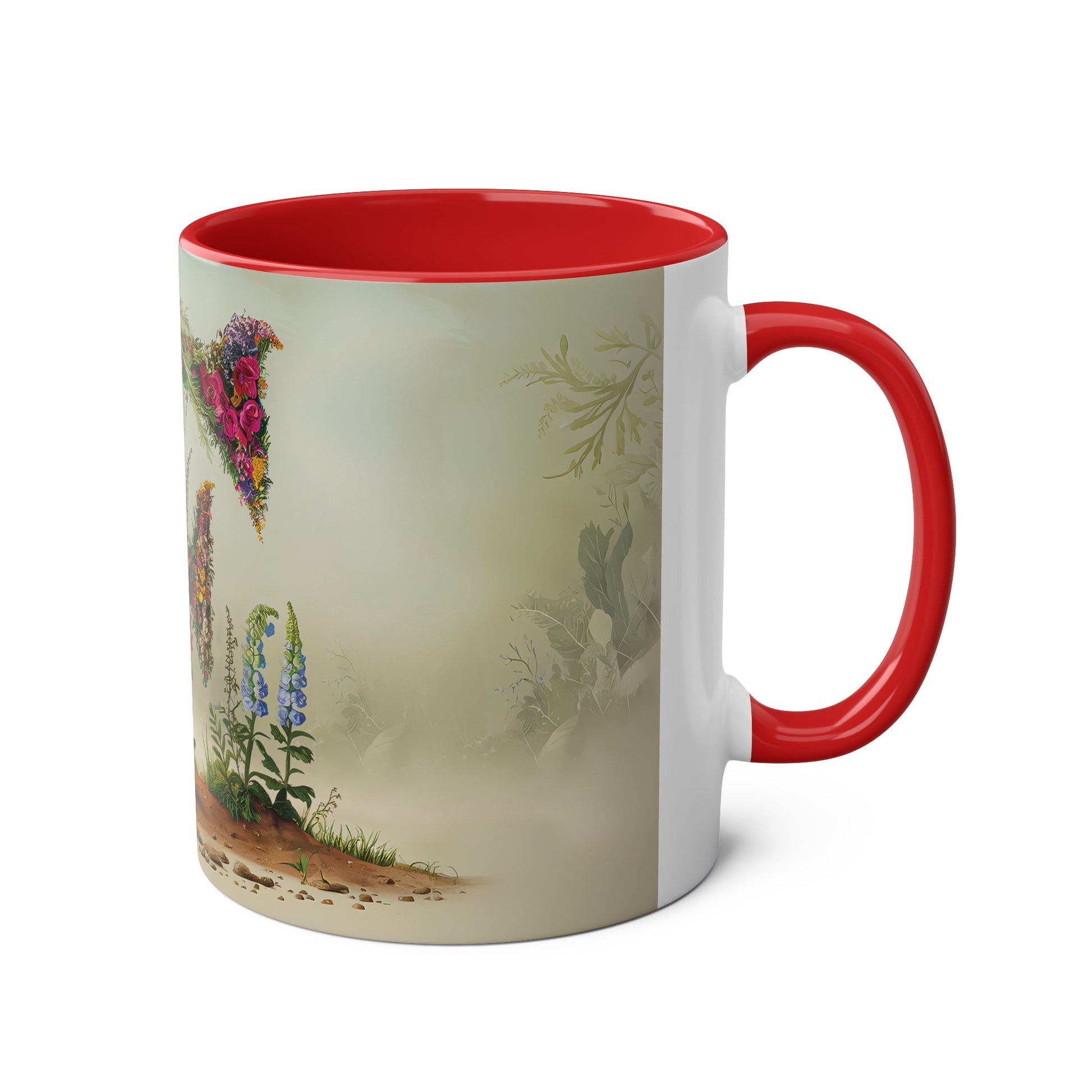 Floral Fantasy Two-Tone Ceramic Mug with Letter F Red-03