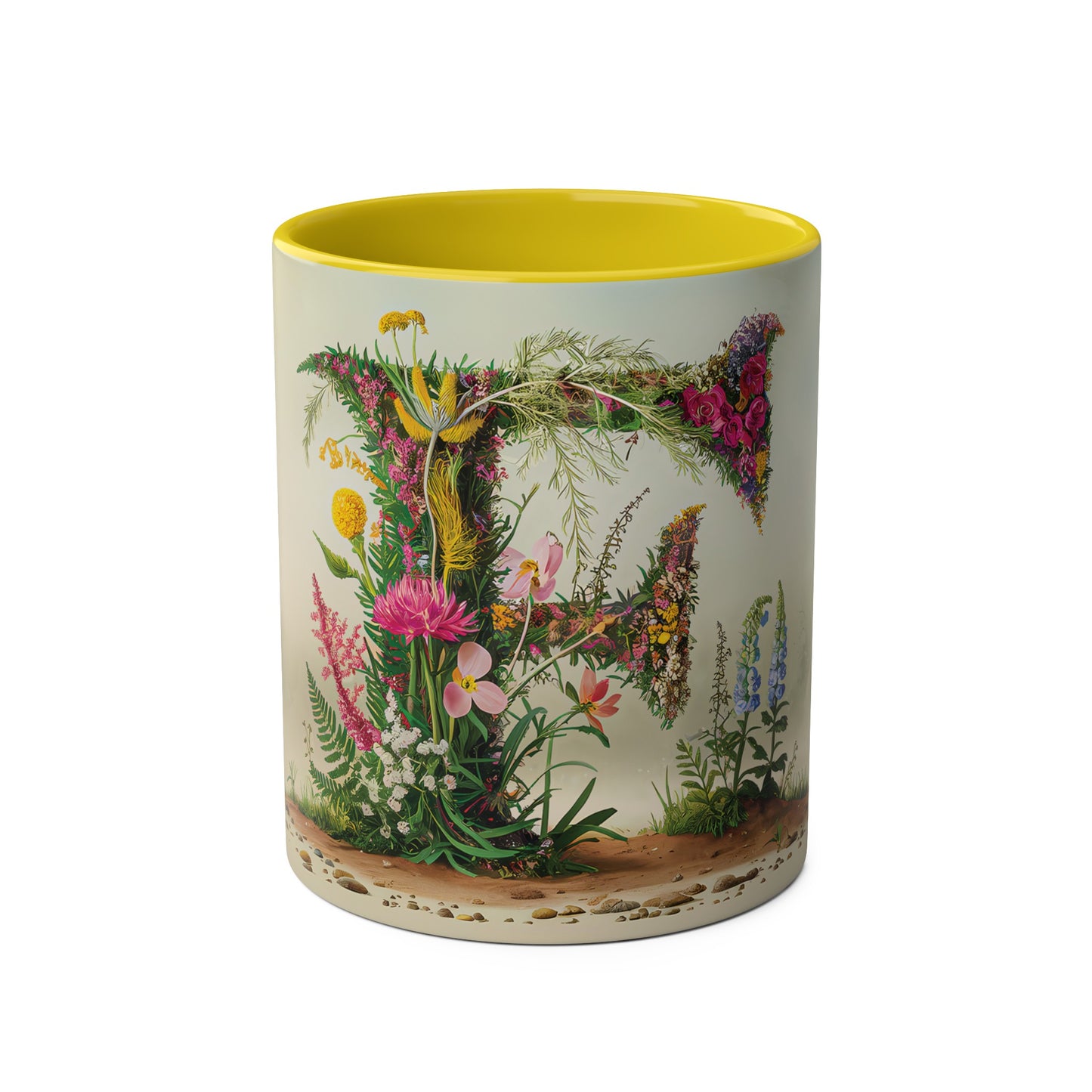 Floral Fantasy Two-Tone Ceramic Mug with Letter F Yellow-01