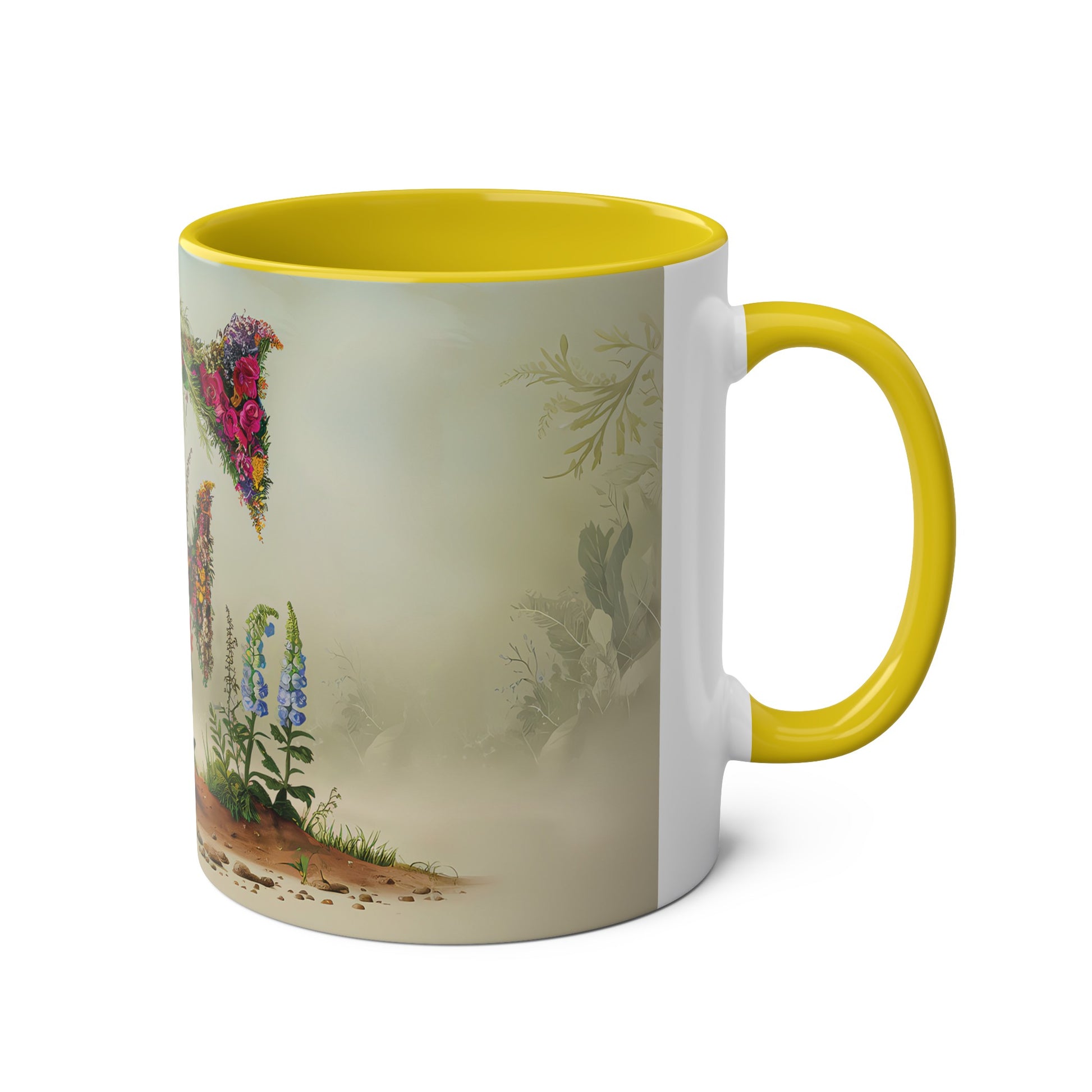 Floral Fantasy Two-Tone Ceramic Mug with Letter F Yellow-03