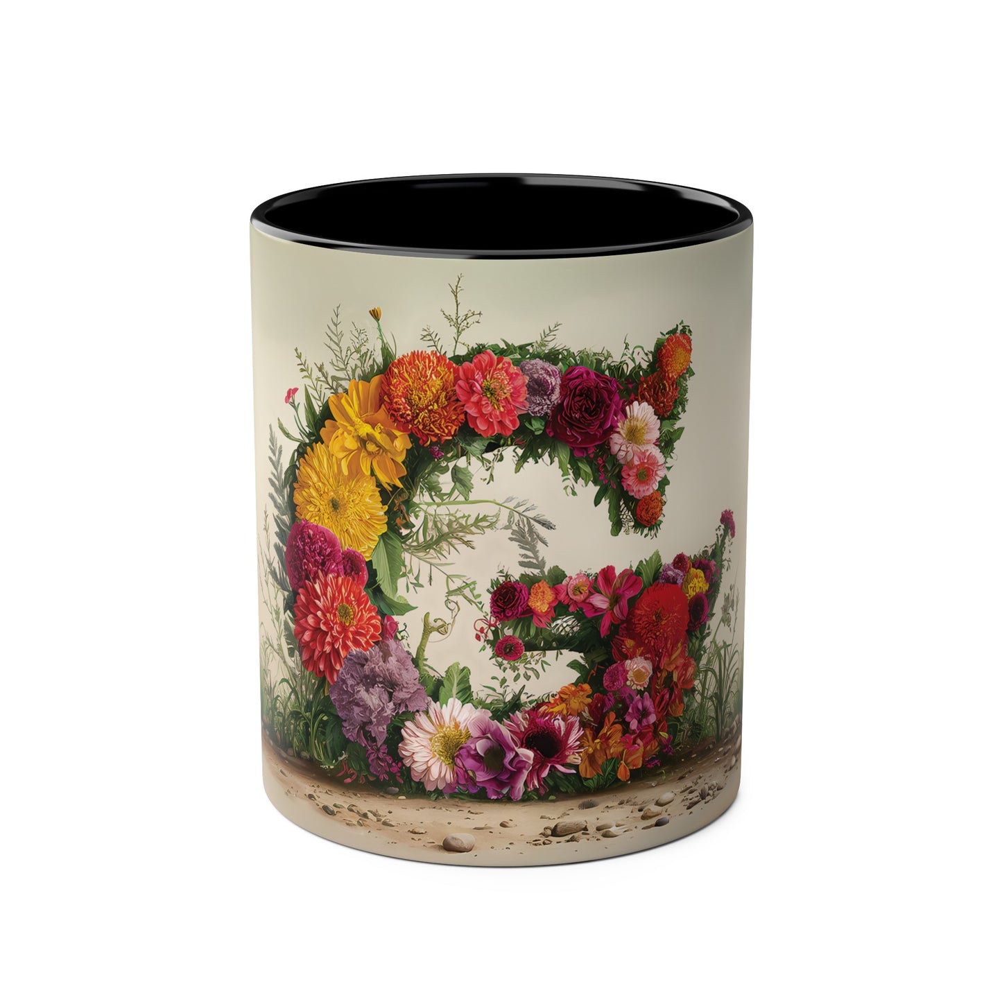 Floral Fantasy Two-Tone Ceramic Mug with Letter G Black-01