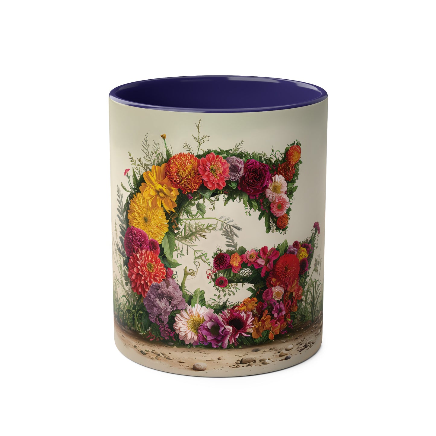 Floral Fantasy Two-Tone Ceramic Mug with Letter G Dark Blue-01