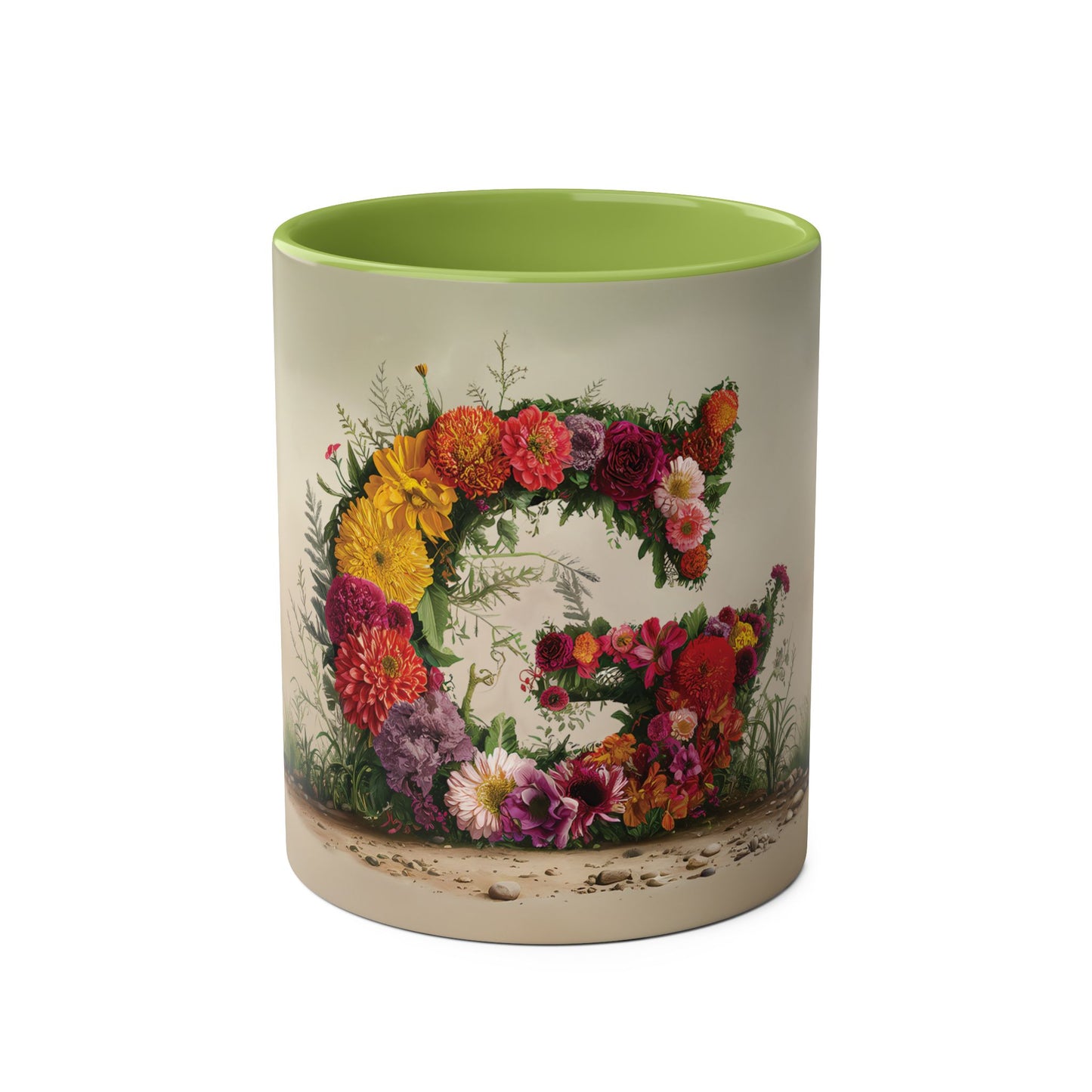 Floral Fantasy Two-Tone Ceramic Mug with Letter G