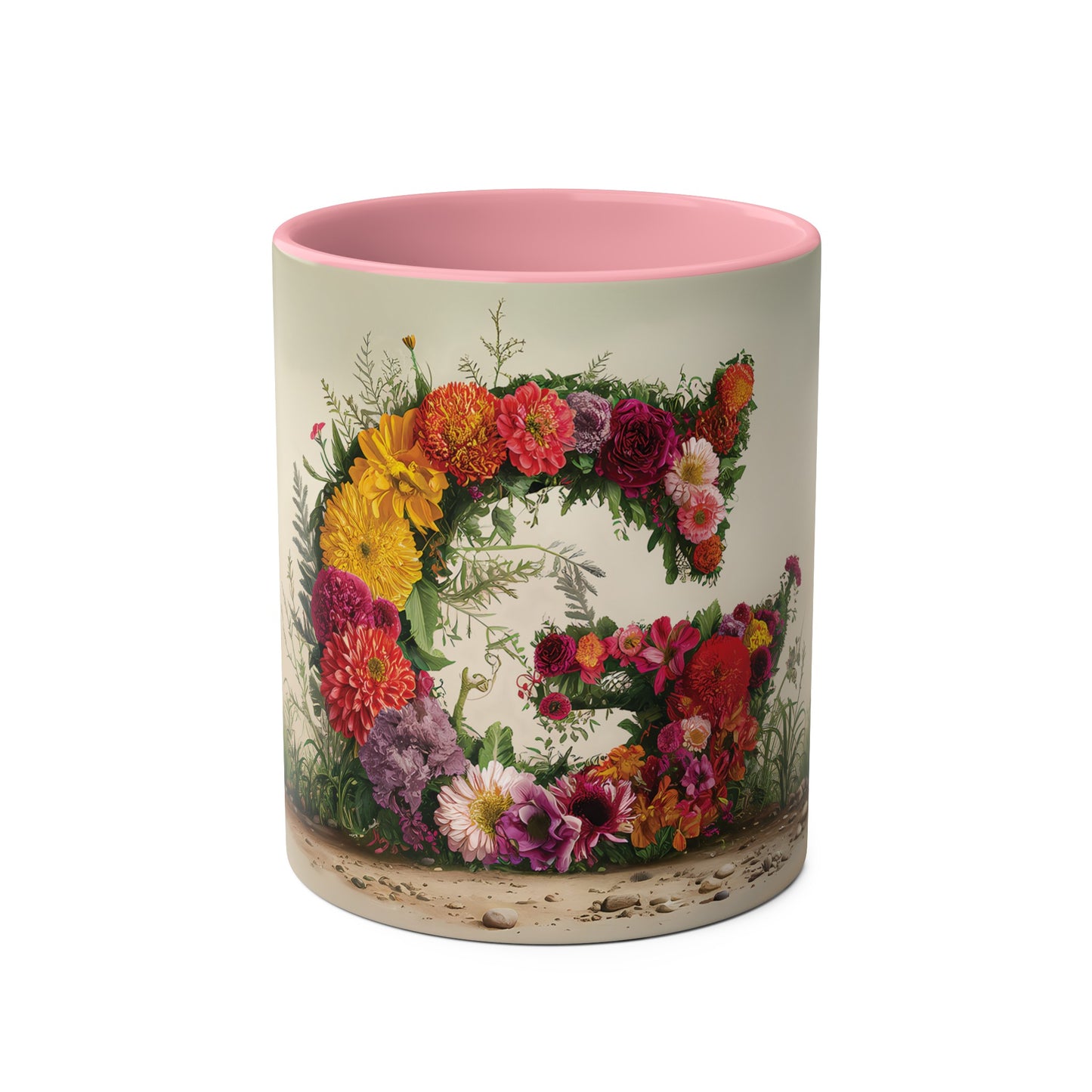 Floral Fantasy Two-Tone Ceramic Mug with Letter G Pink-01