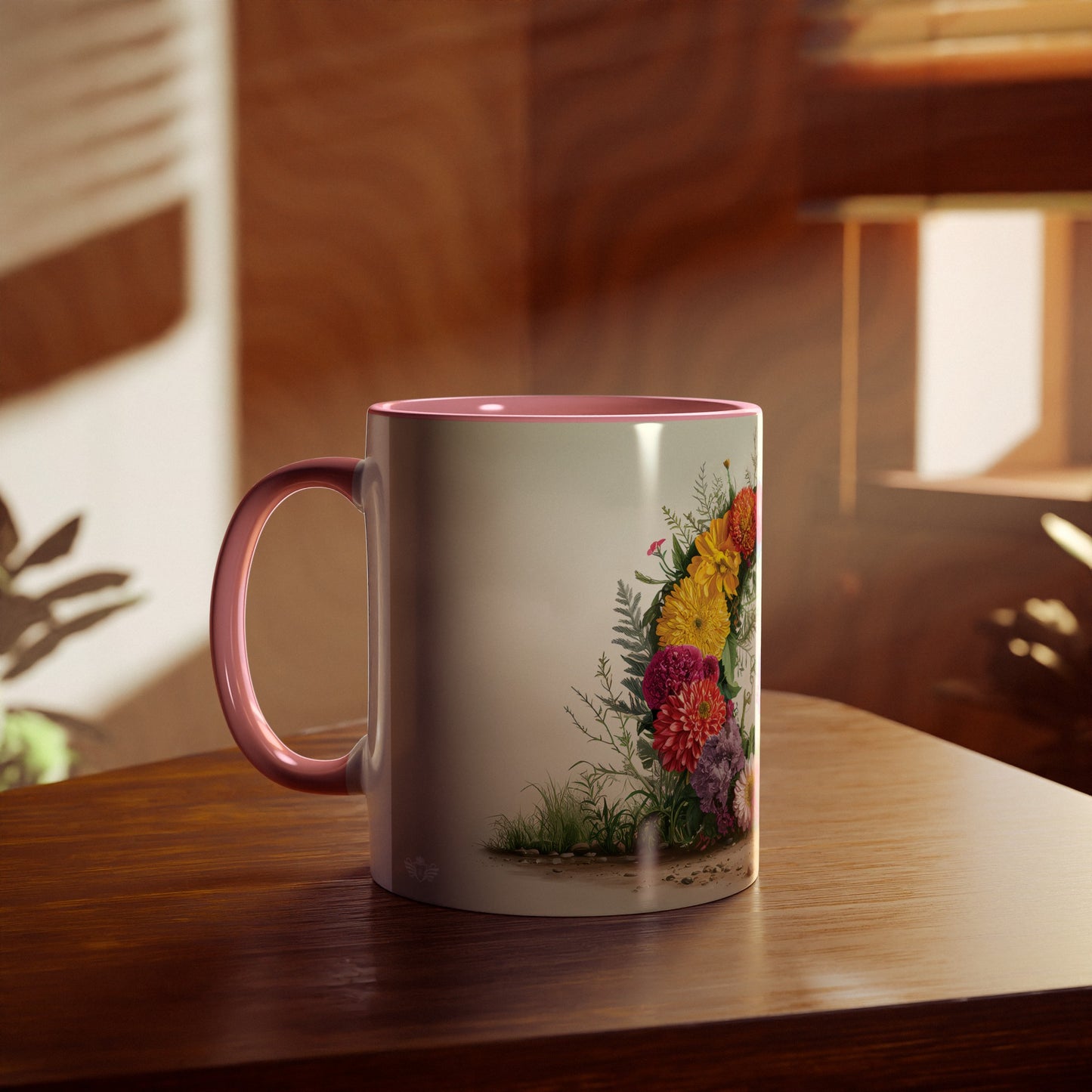 Floral Fantasy Two-Tone Ceramic Mug with Letter G Pink-04