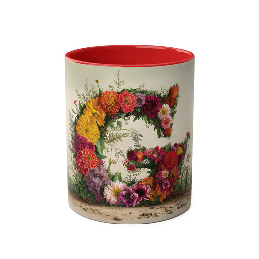 Floral Fantasy Two-Tone Ceramic Mug with Letter G Red-01