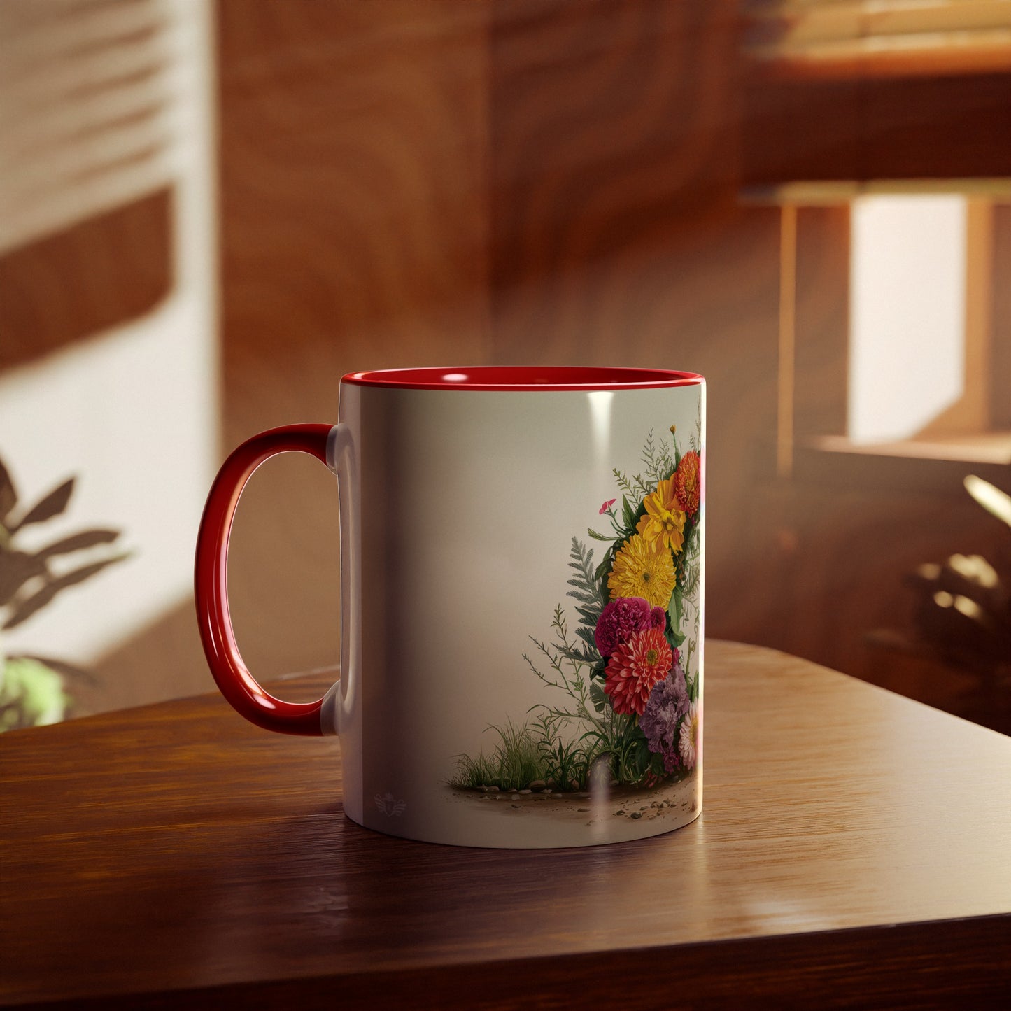 Floral Fantasy Two-Tone Ceramic Mug with Letter G Red-04