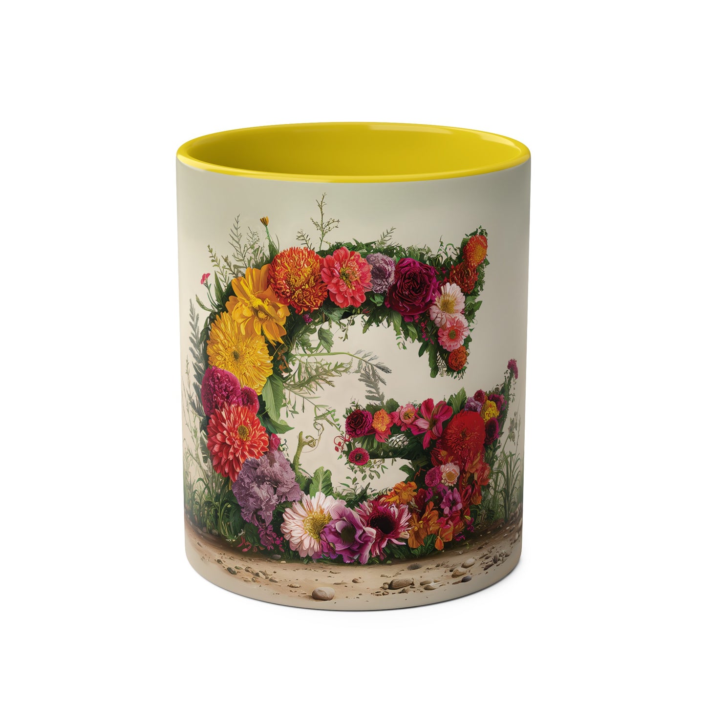 Floral Fantasy Two-Tone Ceramic Mug with Letter G Yellow-01