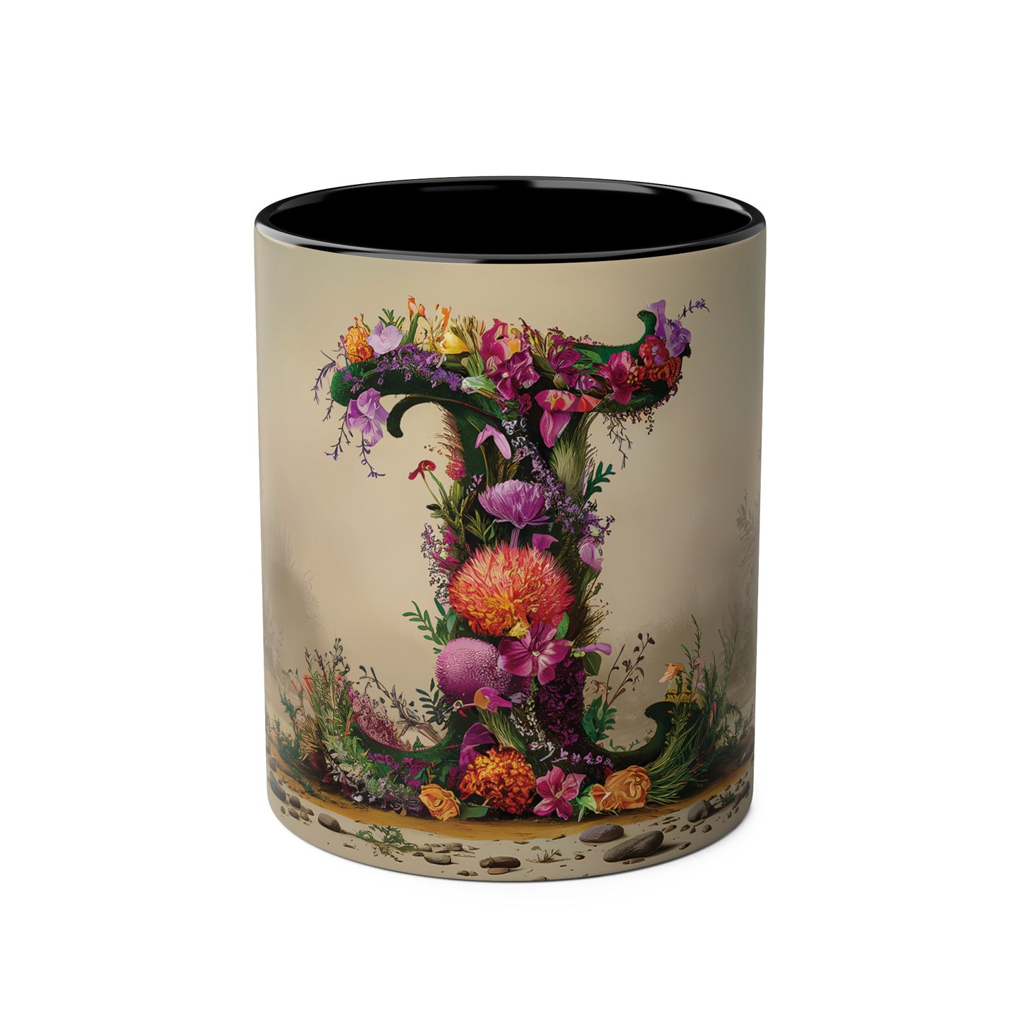 Floral Fantasy Two-Tone Ceramic Mug with Letter I Black-01