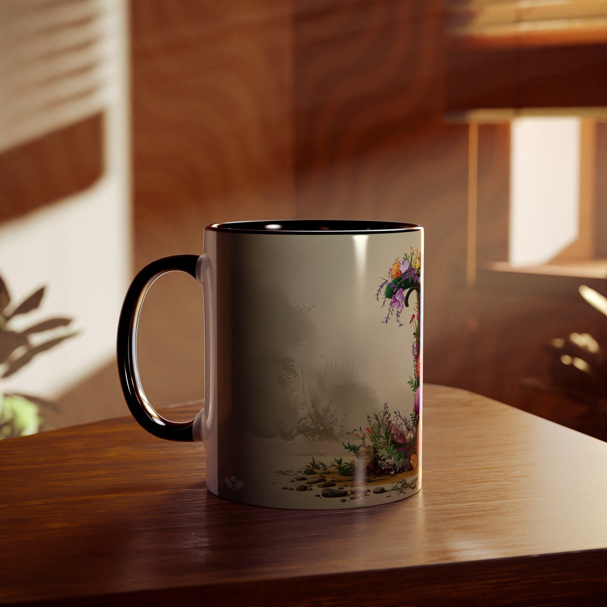 Floral Fantasy Two-Tone Ceramic Mug with Letter I Black-04