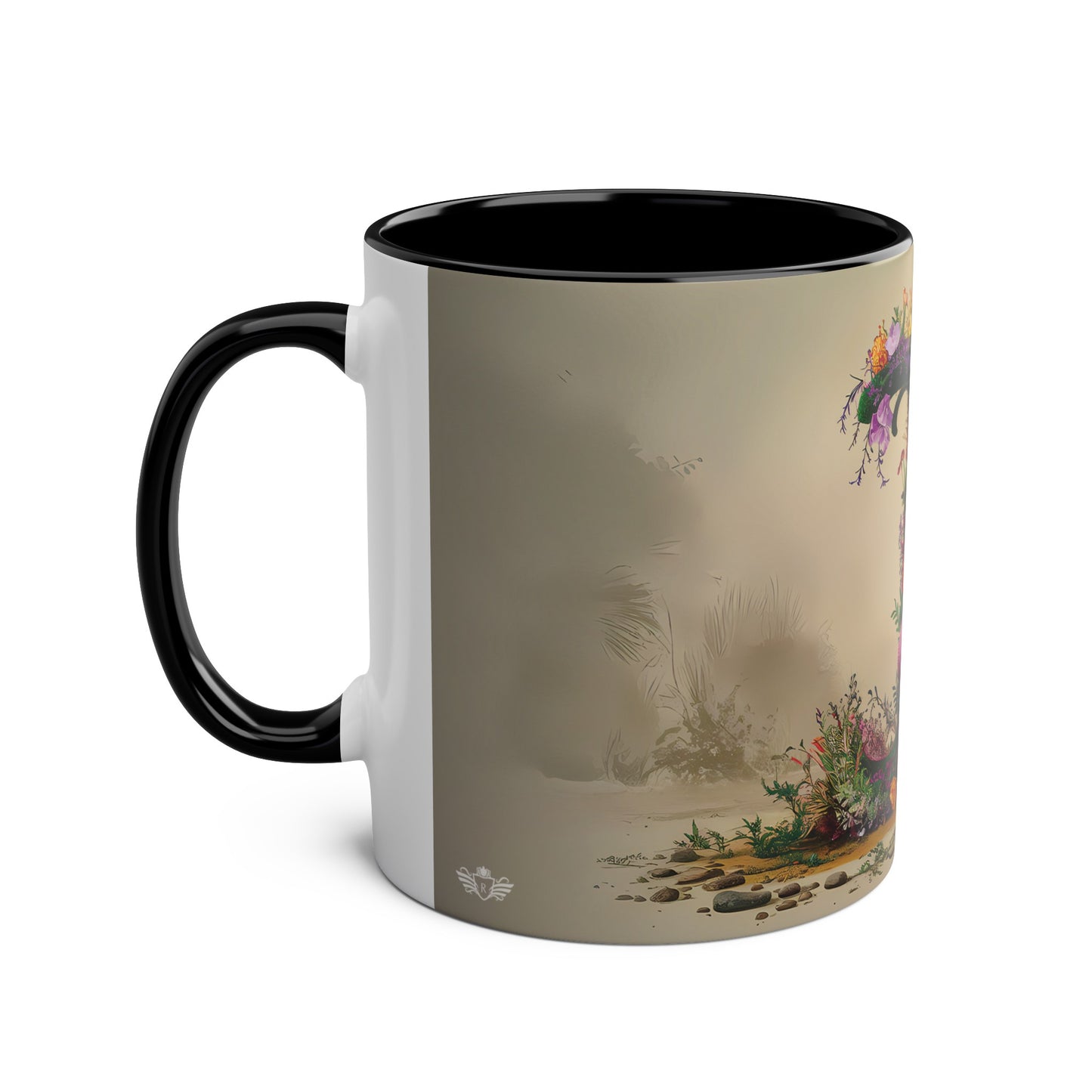 Floral Fantasy Two-Tone Ceramic Mug with Letter I Black-02