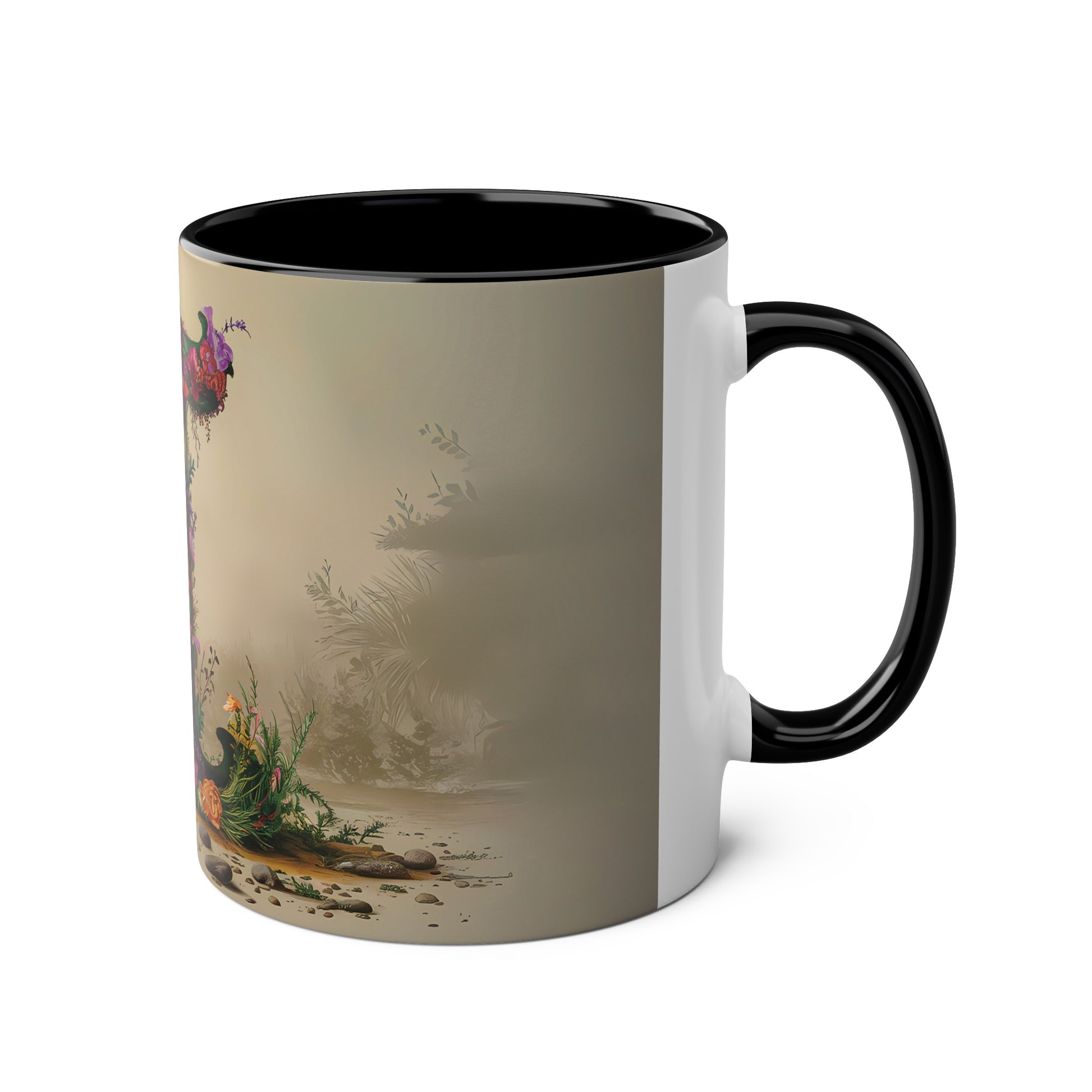 Floral Fantasy Two-Tone Ceramic Mug with Letter I Black-03