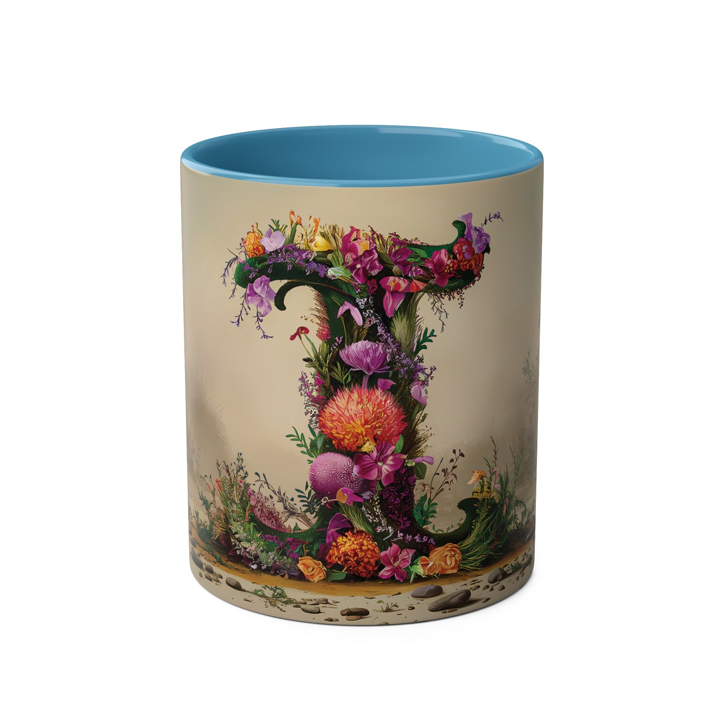 Floral Fantasy Two-Tone Ceramic Mug with Letter I Blue-01