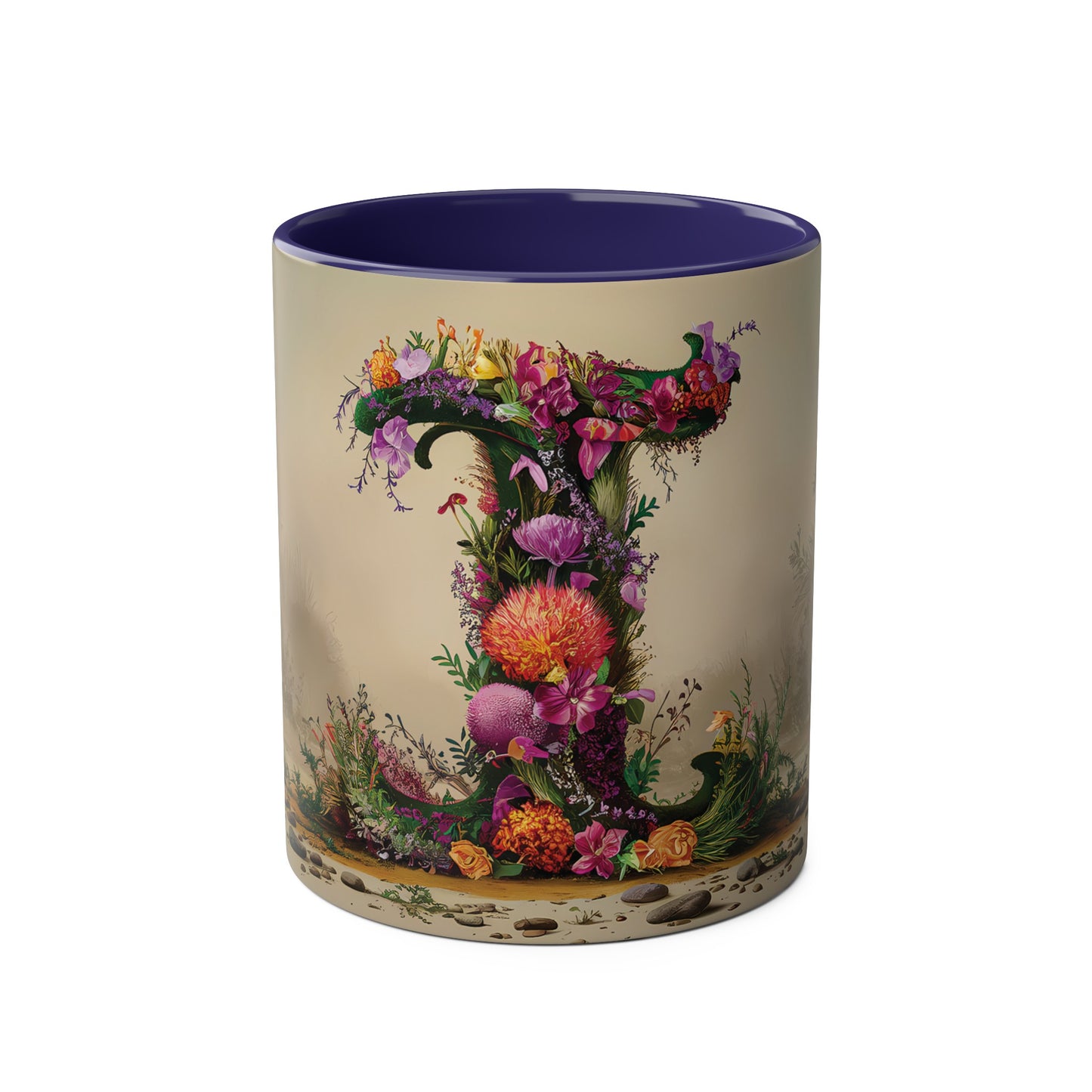 Floral Fantasy Two-Tone Ceramic Mug with Letter I Dark Blue-01