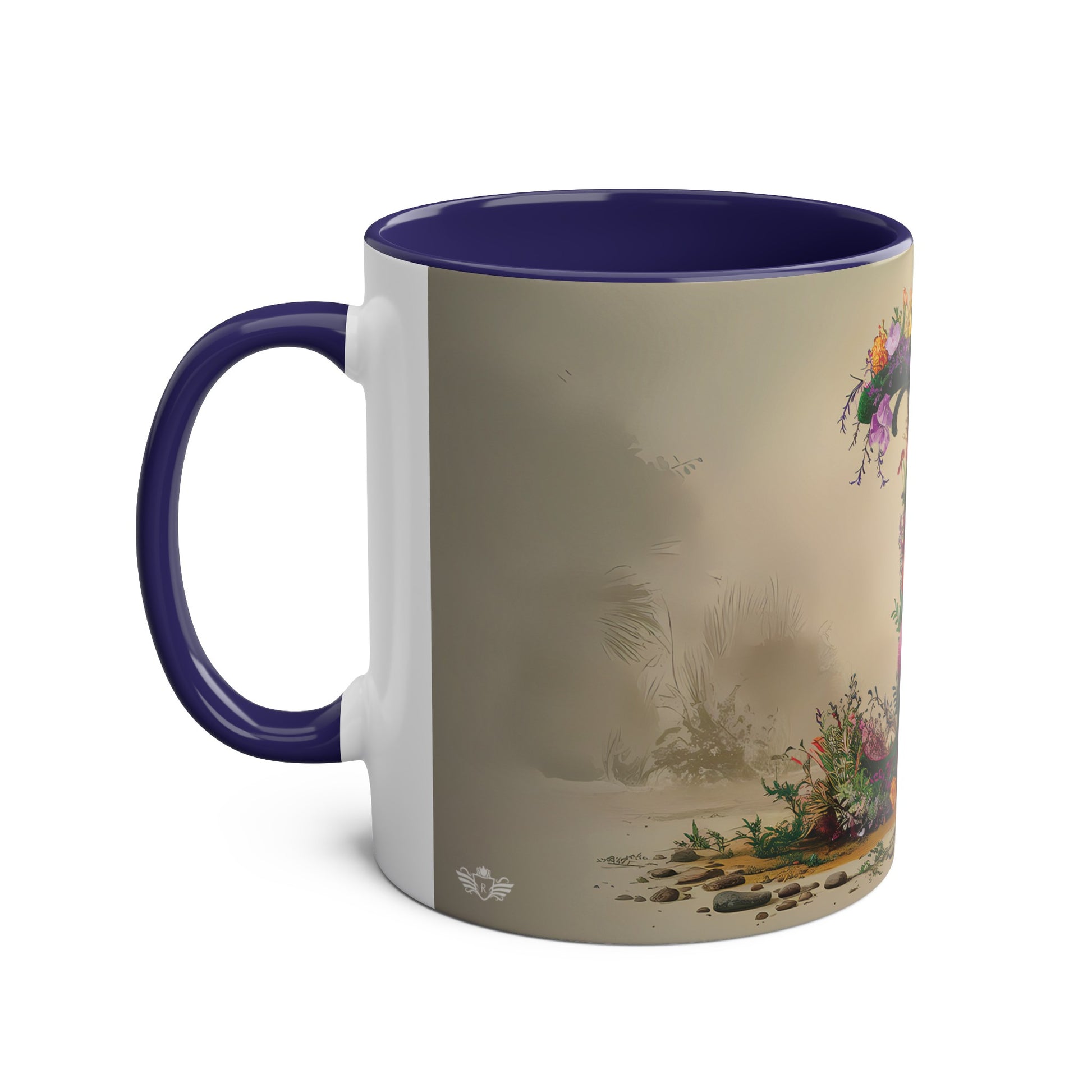 Floral Fantasy Two-Tone Ceramic Mug with Letter I Dark Blue-02