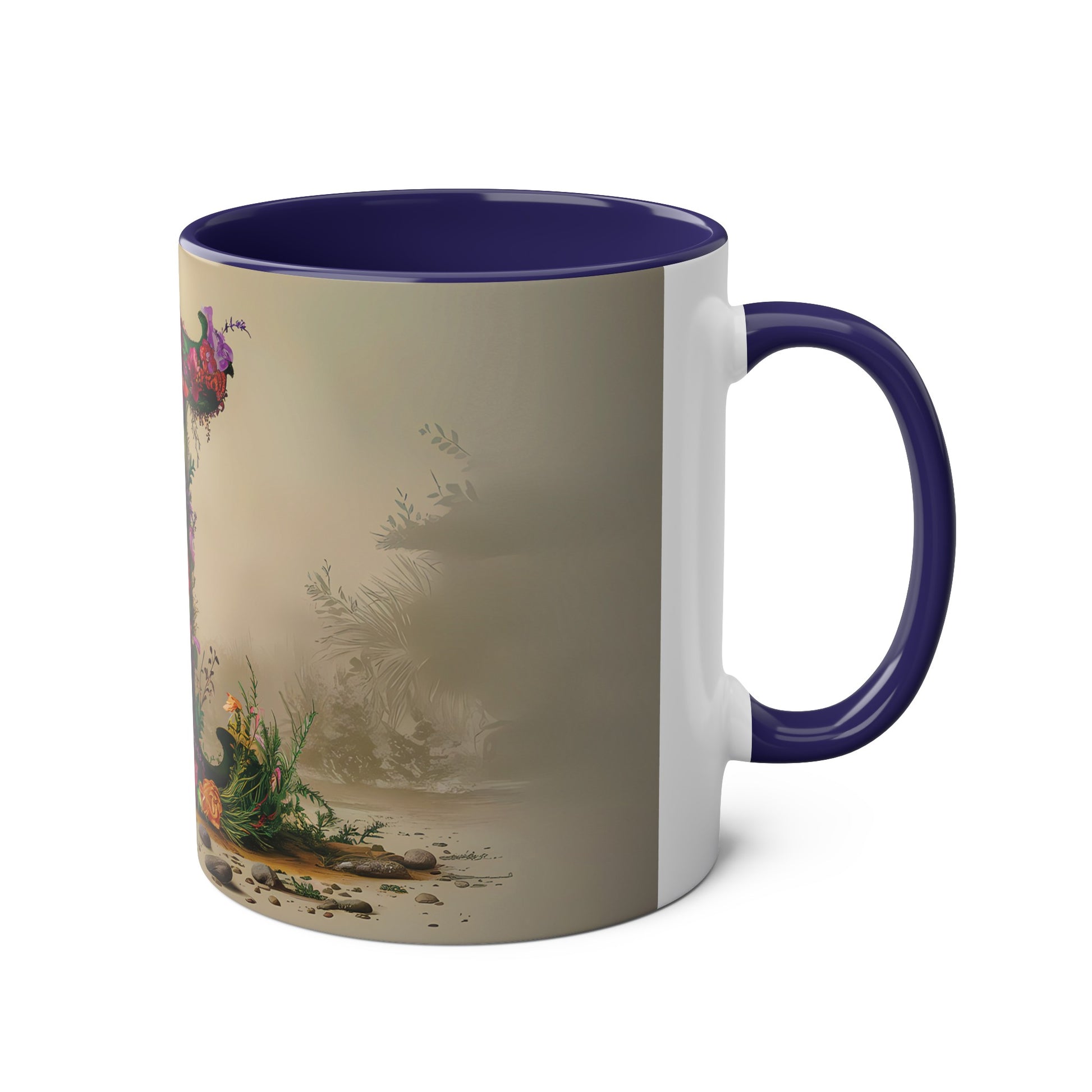 Floral Fantasy Two-Tone Ceramic Mug with Letter I Dark Blue-03