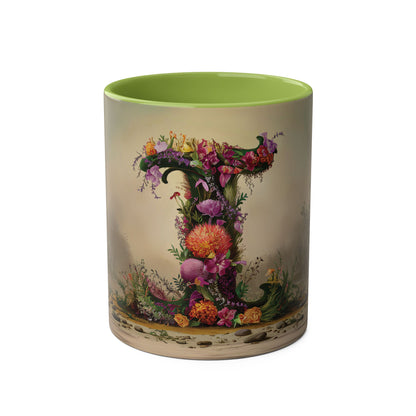 Floral Fantasy Two-Tone Ceramic Mug with Letter I