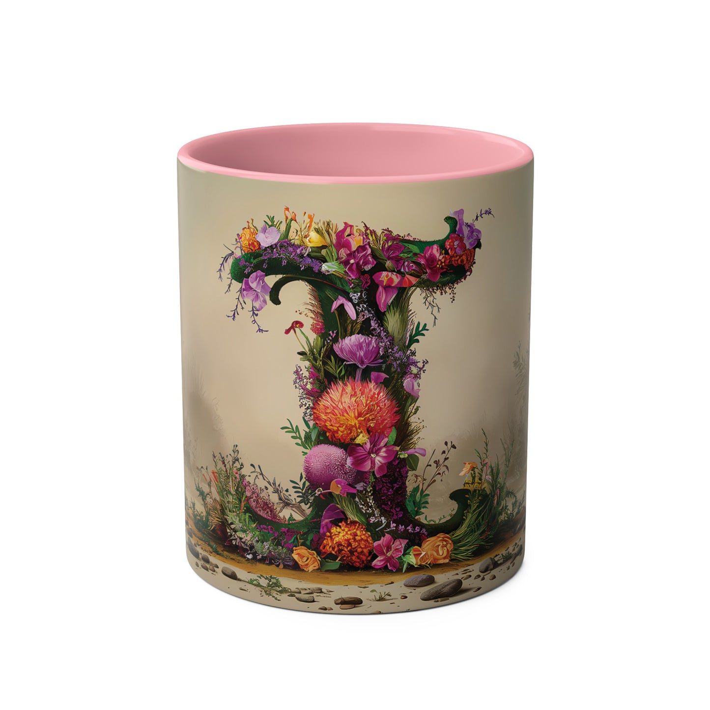 Floral Fantasy Two-Tone Ceramic Mug with Letter I Pink-01