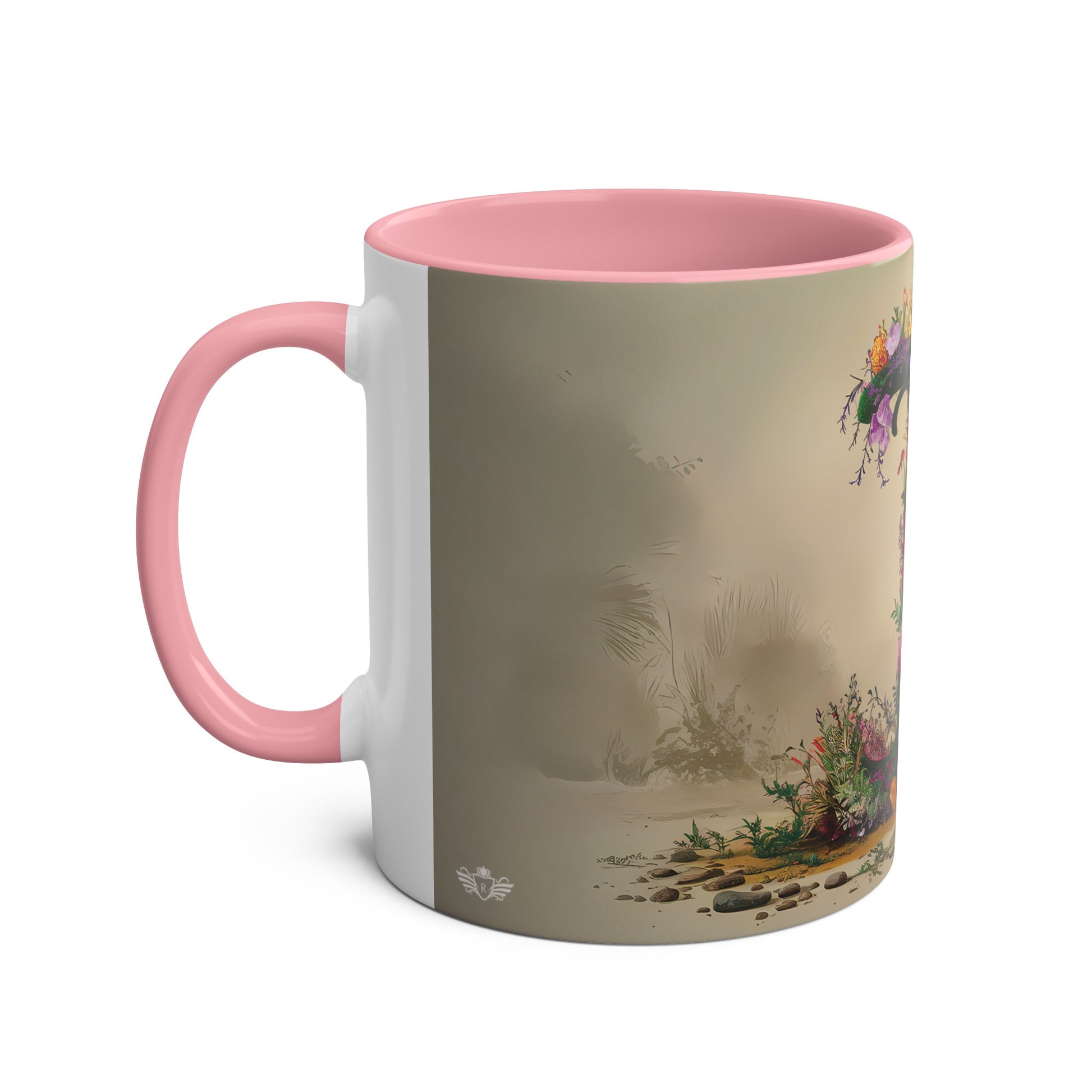 Floral Fantasy Two-Tone Ceramic Mug with Letter I Pink-02