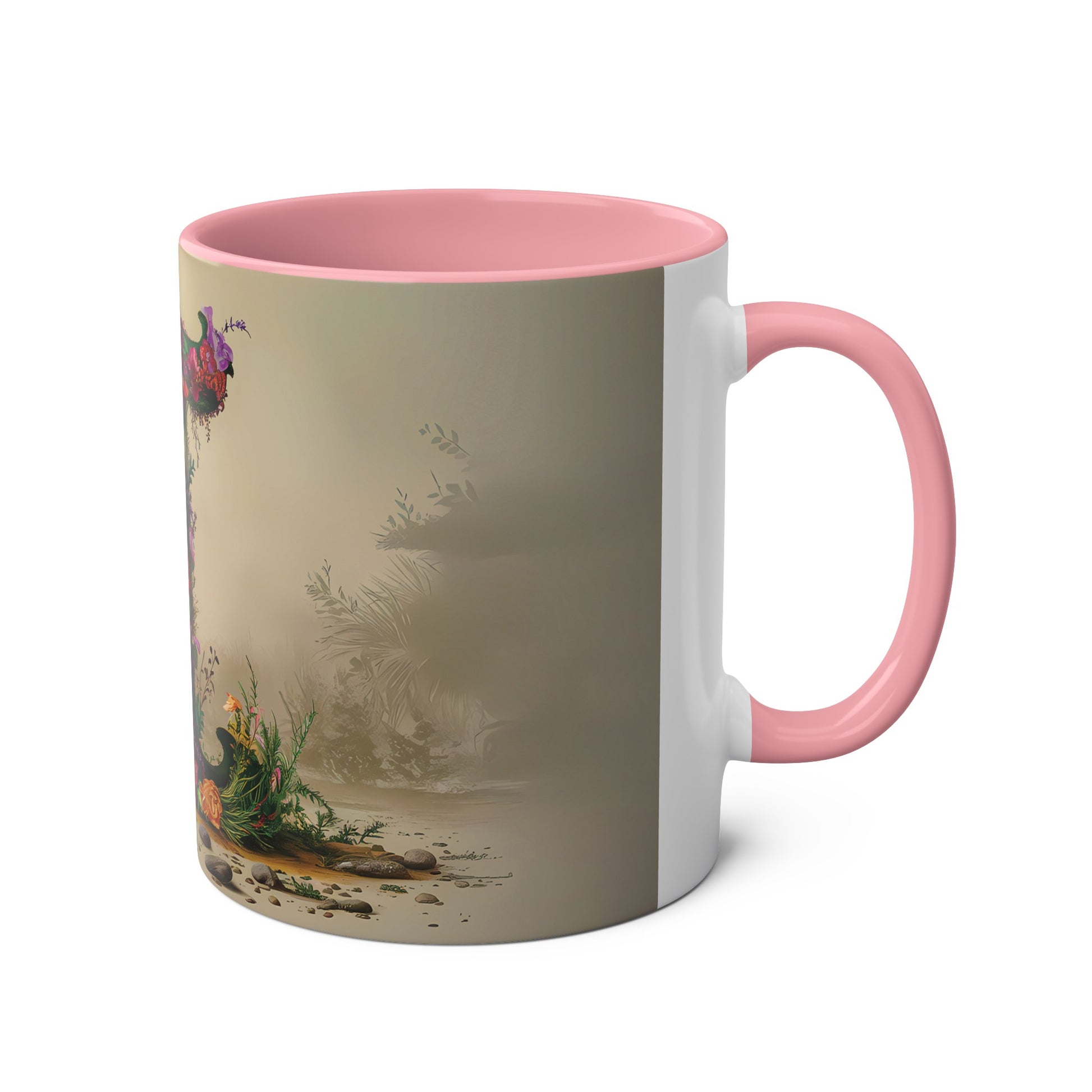 Floral Fantasy Two-Tone Ceramic Mug with Letter I Pink-03