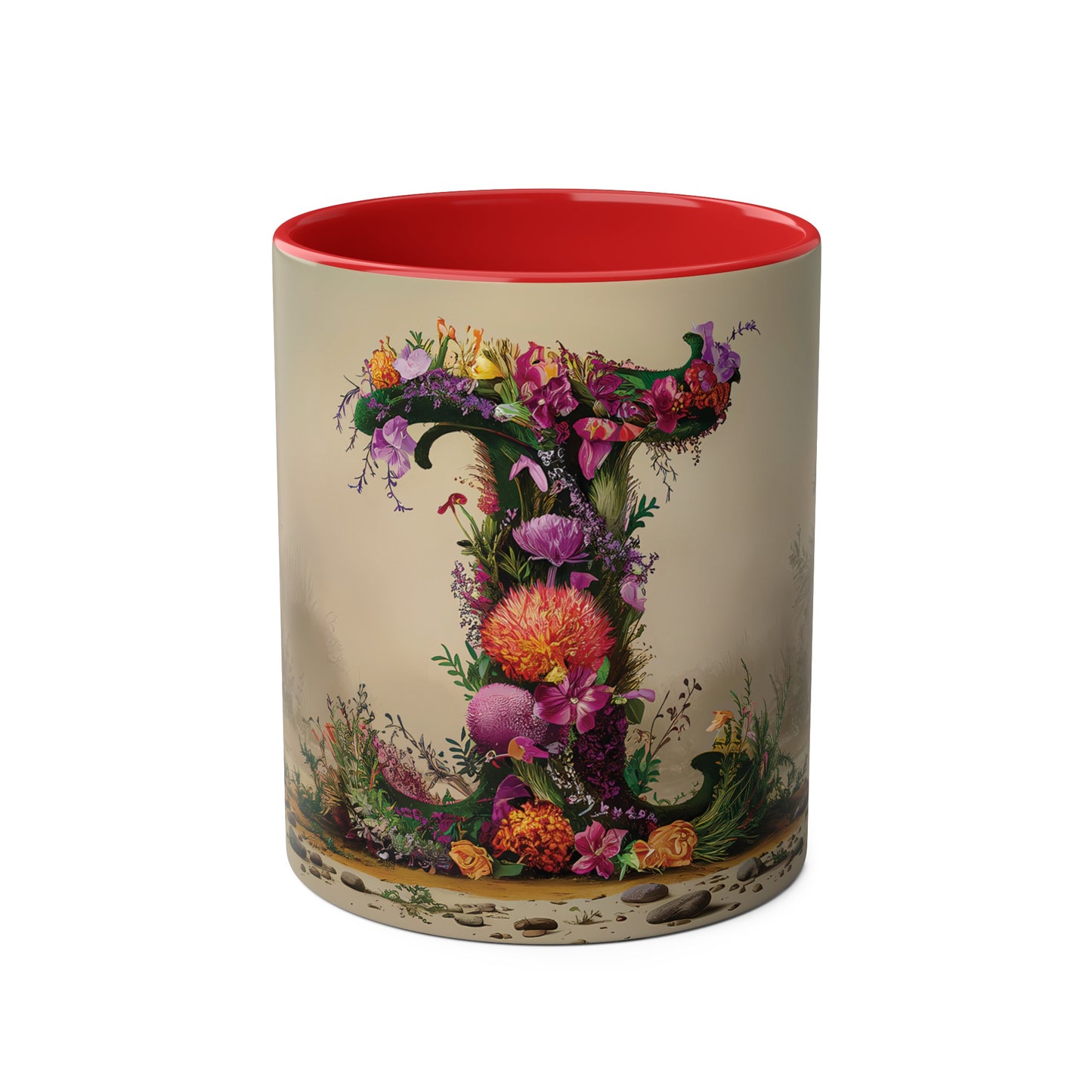 Floral Fantasy Two-Tone Ceramic Mug with Letter I Red-01