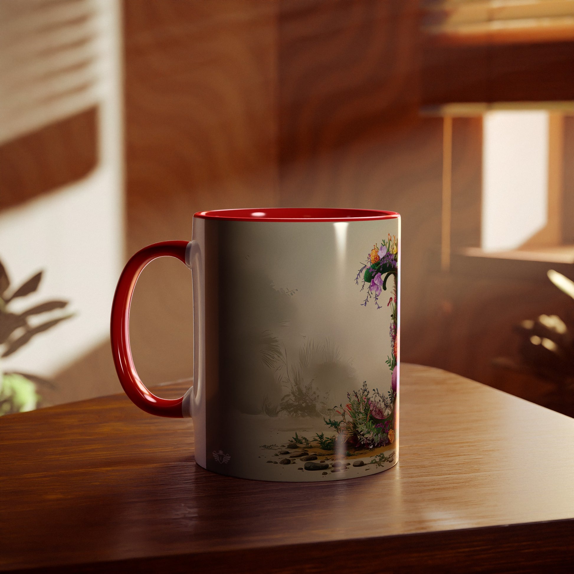 Floral Fantasy Two-Tone Ceramic Mug with Letter I Red-04