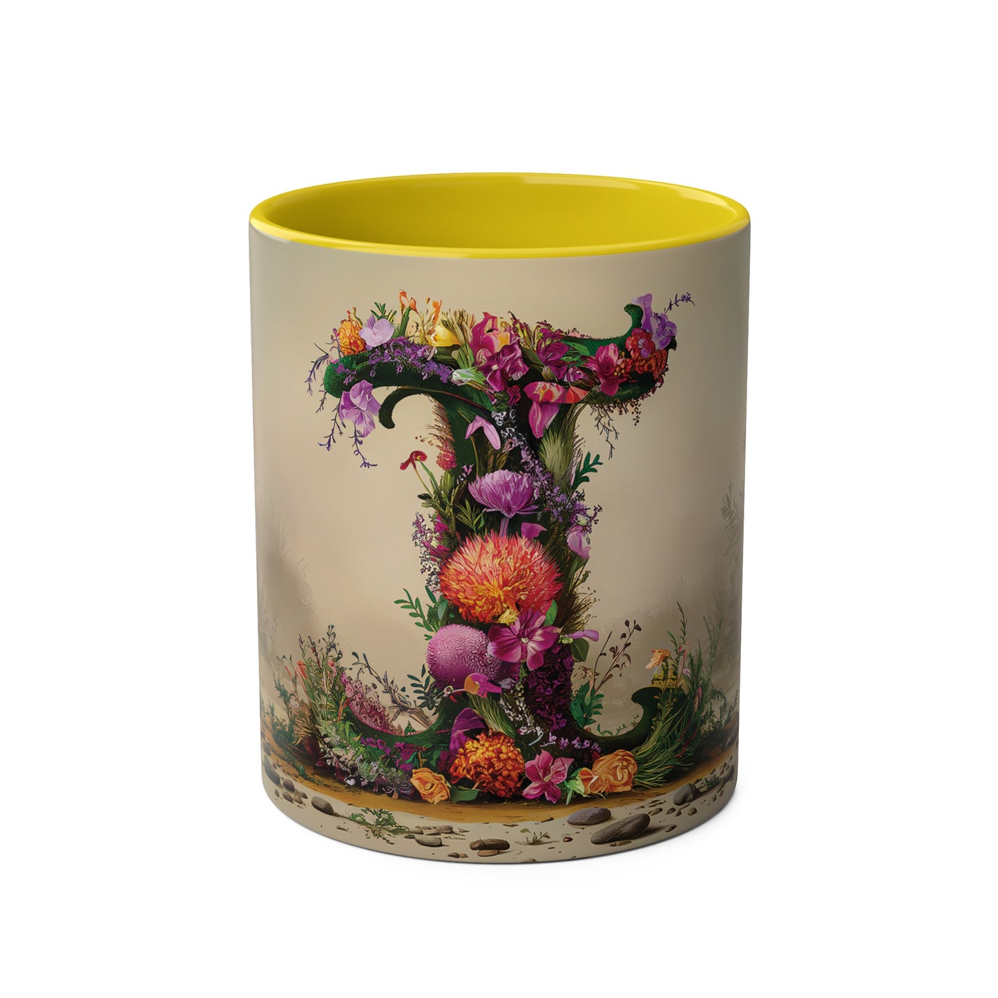 Floral Fantasy Two-Tone Ceramic Mug with Letter I Yellow-01