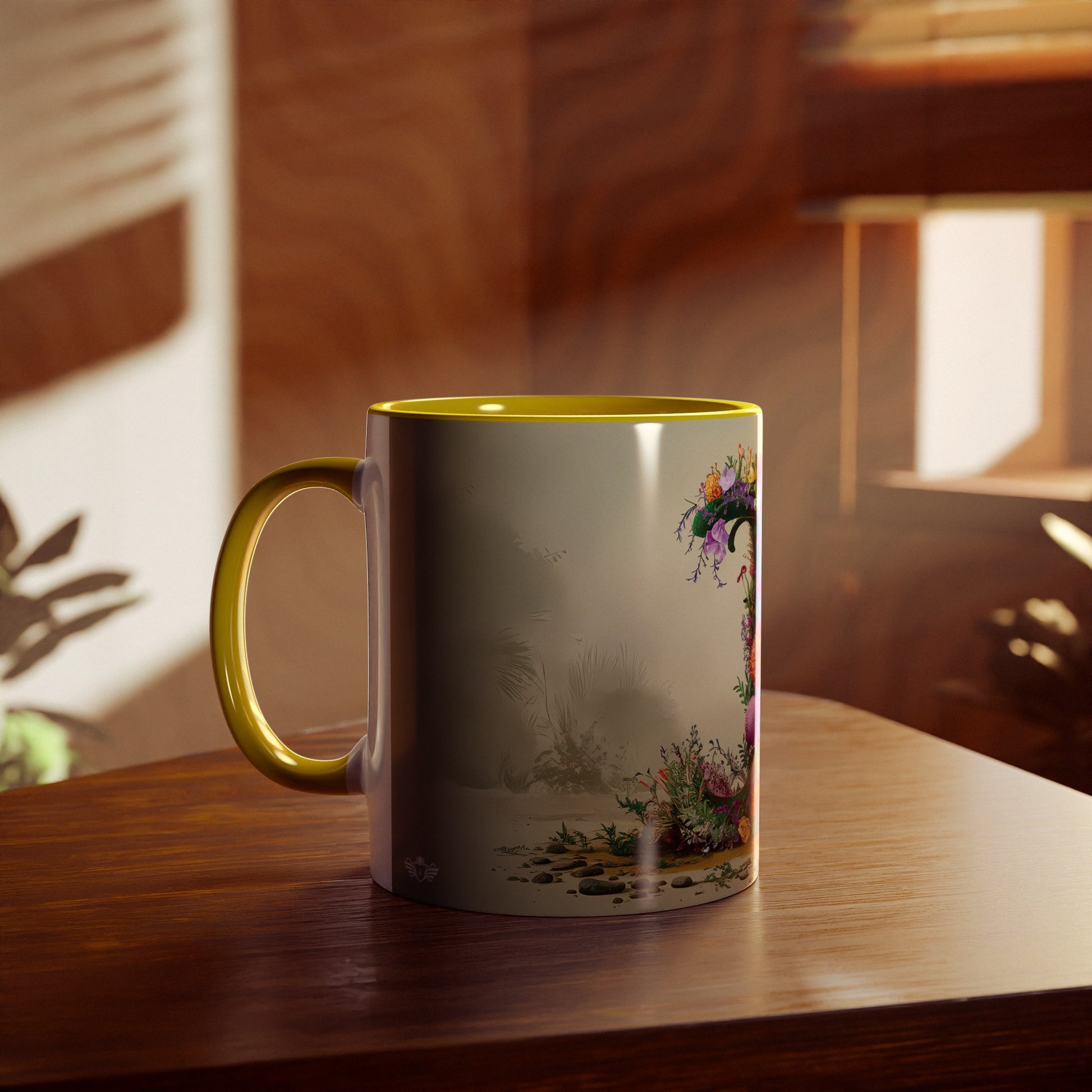 Floral Fantasy Two-Tone Ceramic Mug with Letter I Yellow-04