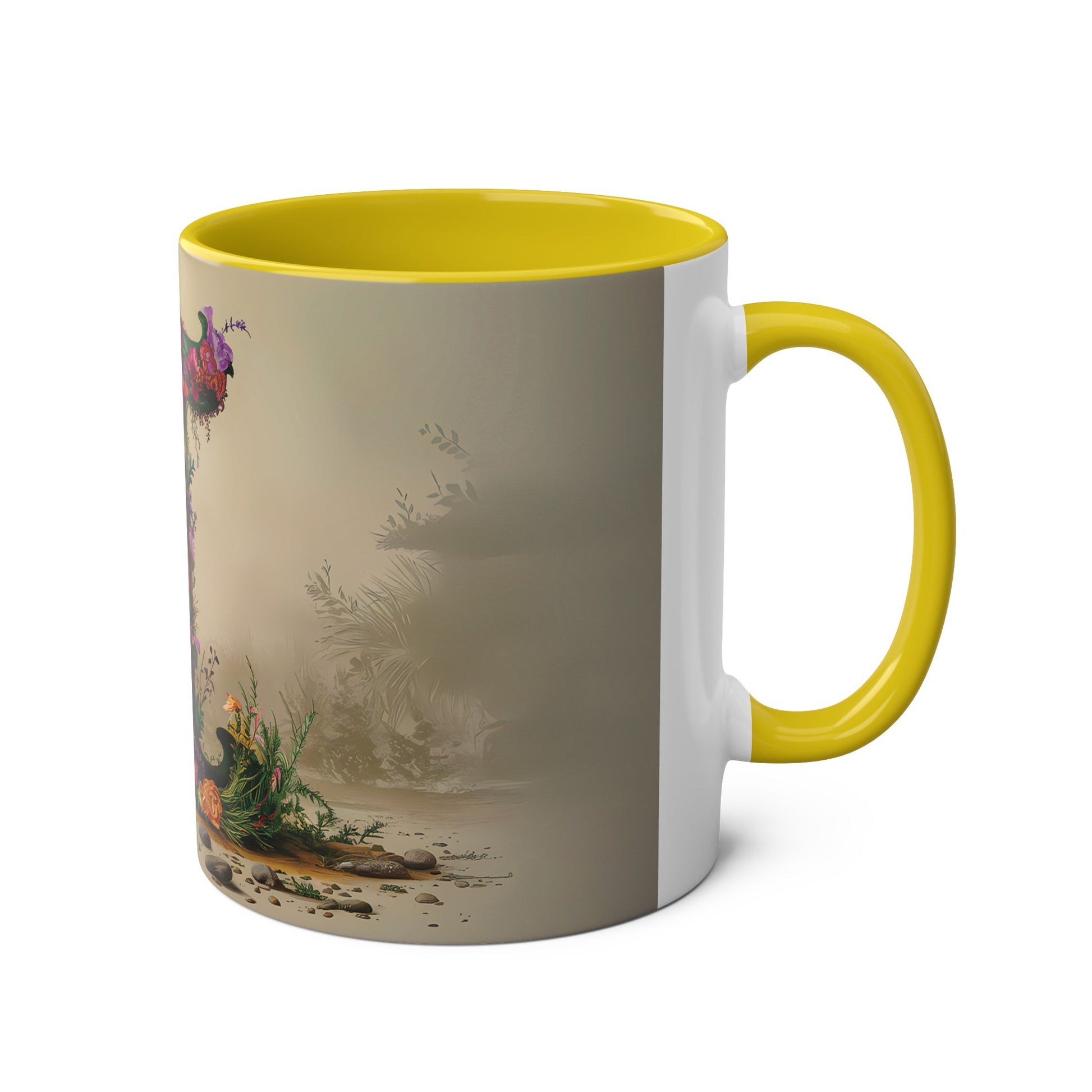 Floral Fantasy Two-Tone Ceramic Mug with Letter I Yellow-03