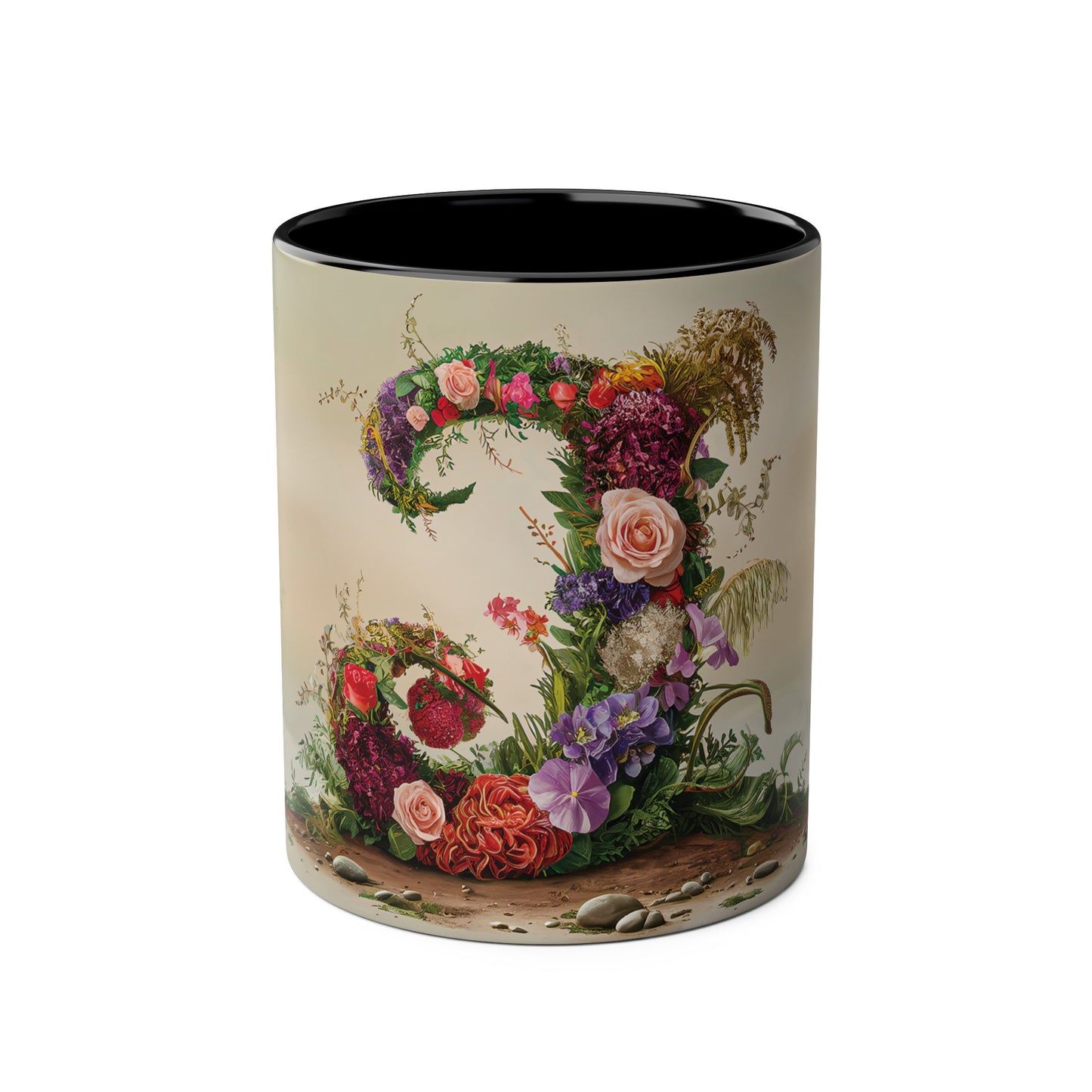 Floral Fantasy Two-Tone Ceramic Mug with Letter J Black-01