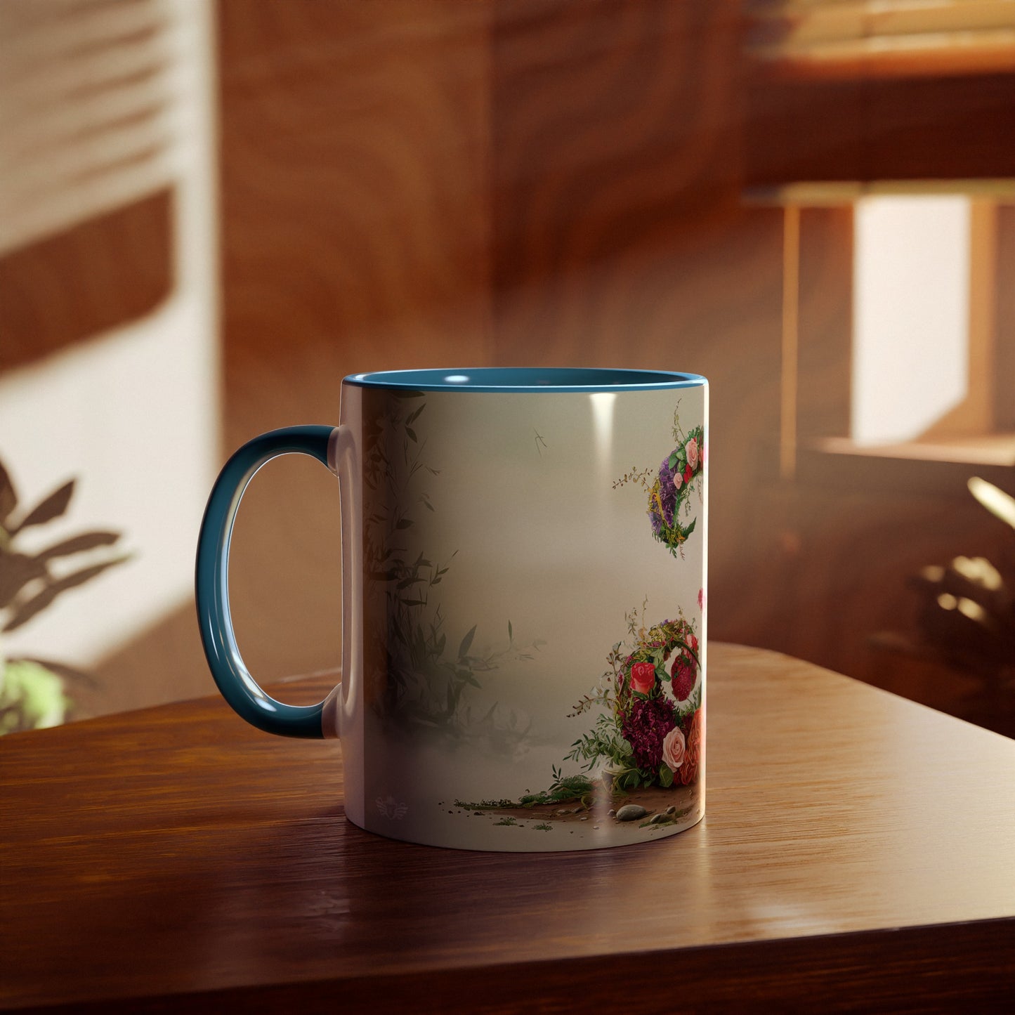 Floral Fantasy Two-Tone Ceramic Mug with Letter J Blue-04