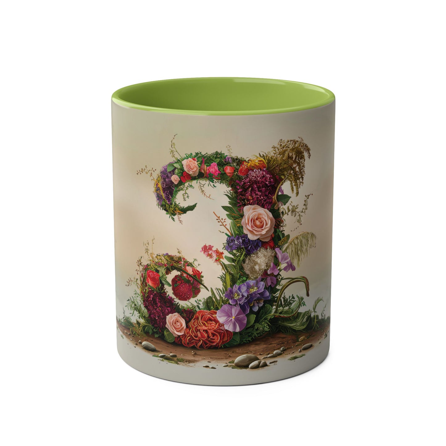 Floral Fantasy Two-Tone Ceramic Mug with Letter J