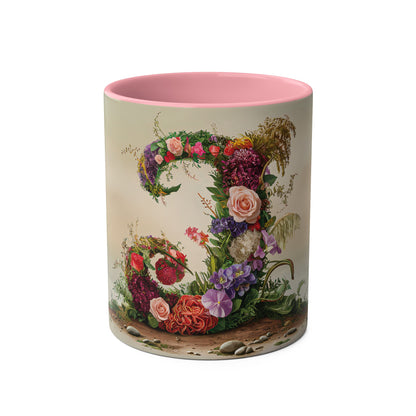 Floral Fantasy Two-Tone Ceramic Mug with Letter J Pink-01