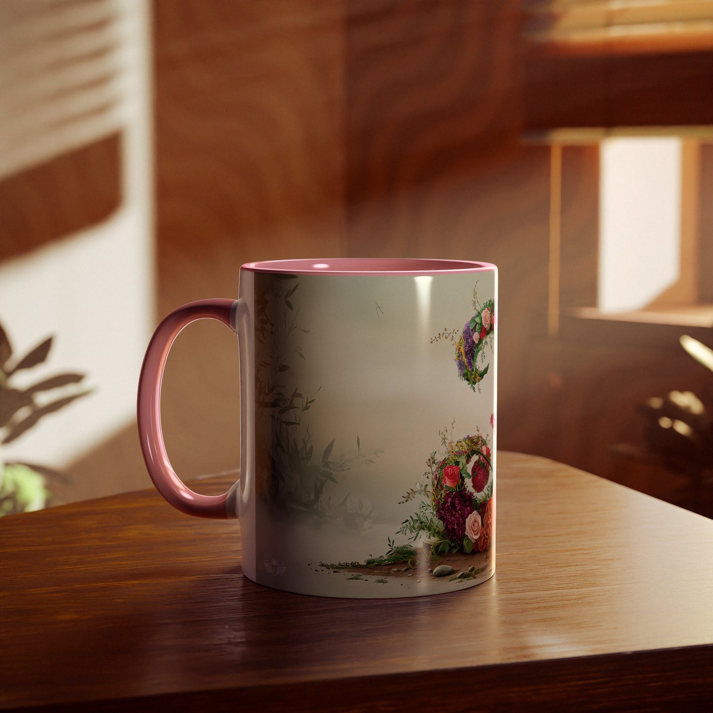 Floral Fantasy Two-Tone Ceramic Mug with Letter J Pink-04