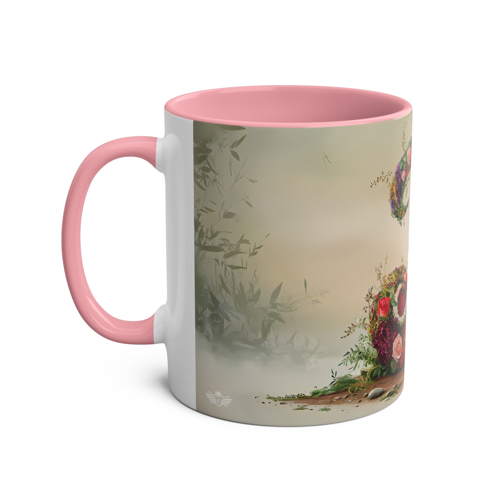 Floral Fantasy Two-Tone Ceramic Mug with Letter J Pink-02