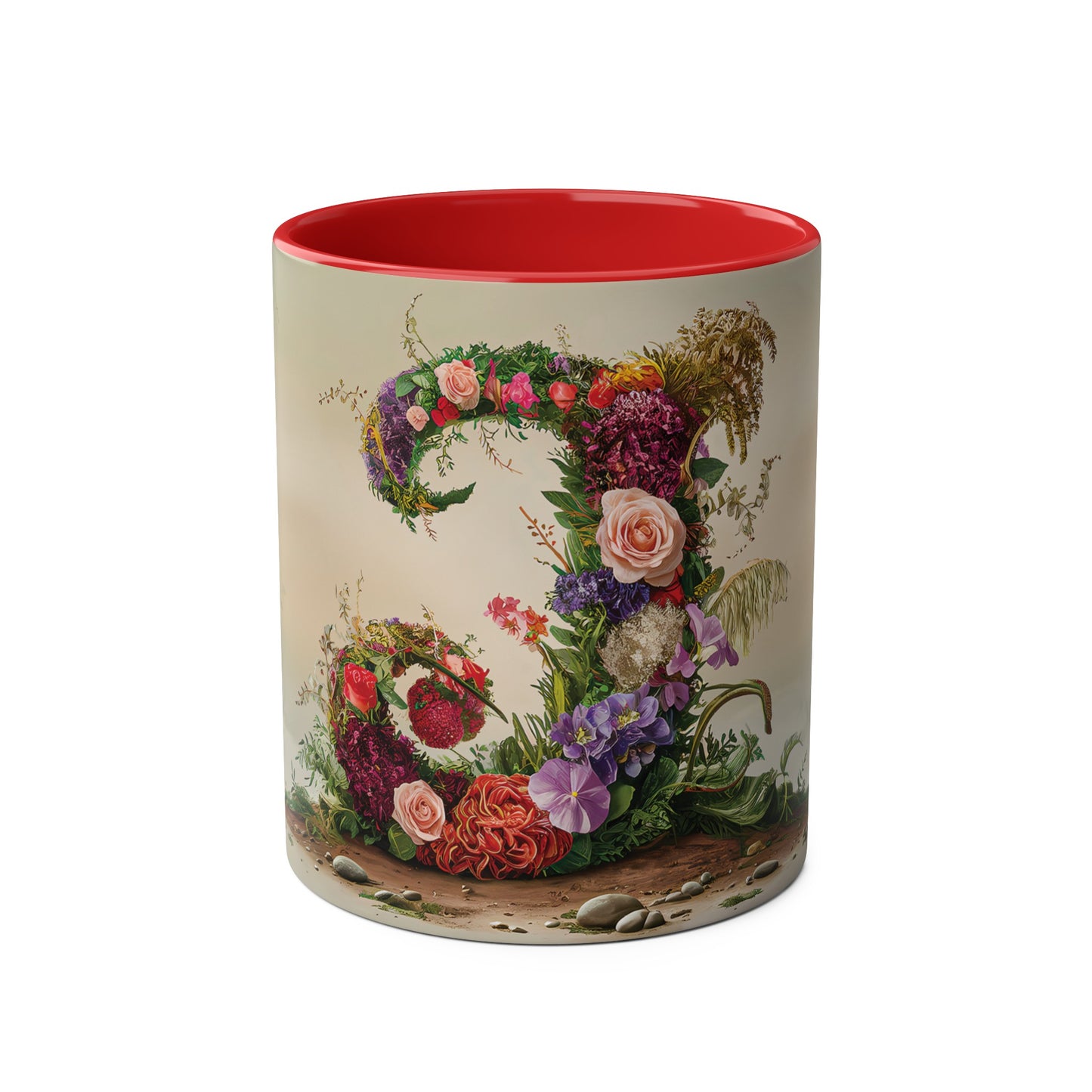 Floral Fantasy Two-Tone Ceramic Mug with Letter J Red-01