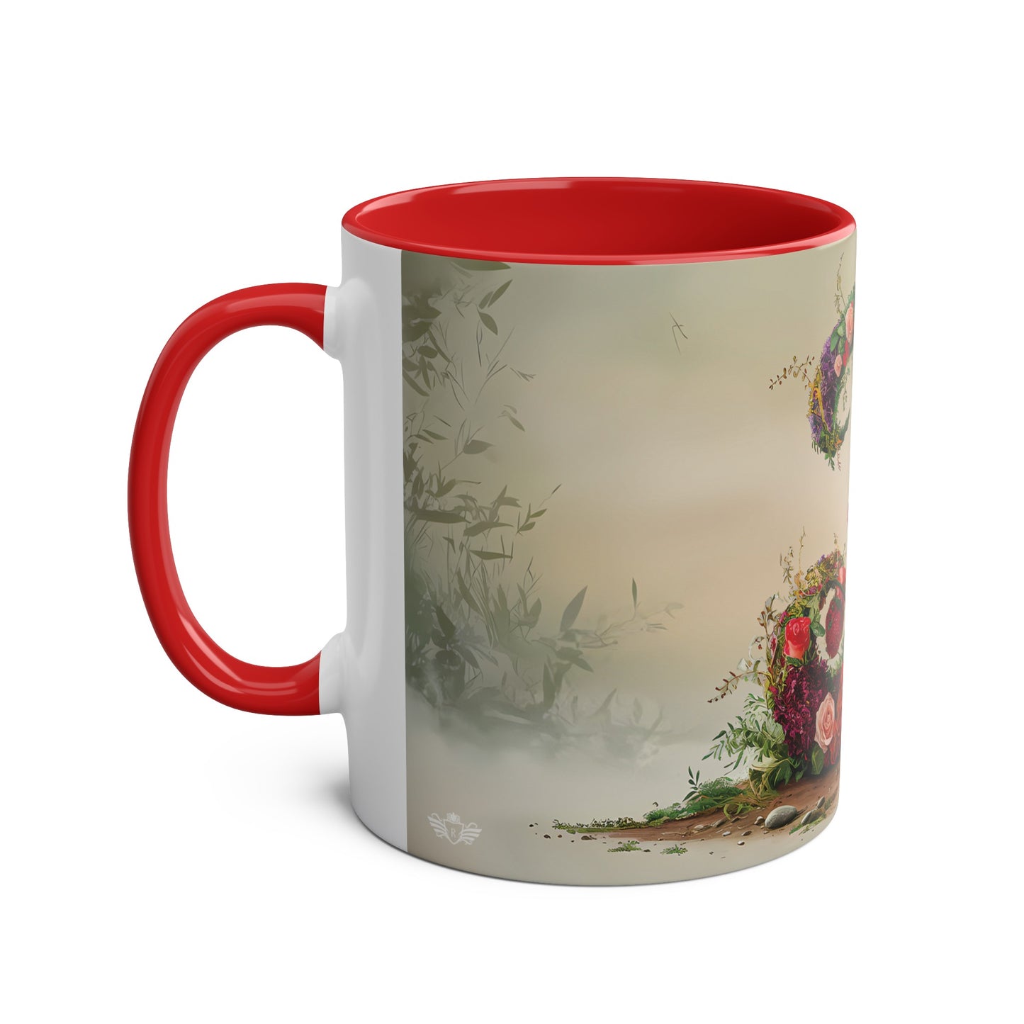 Floral Fantasy Two-Tone Ceramic Mug with Letter J Red-02