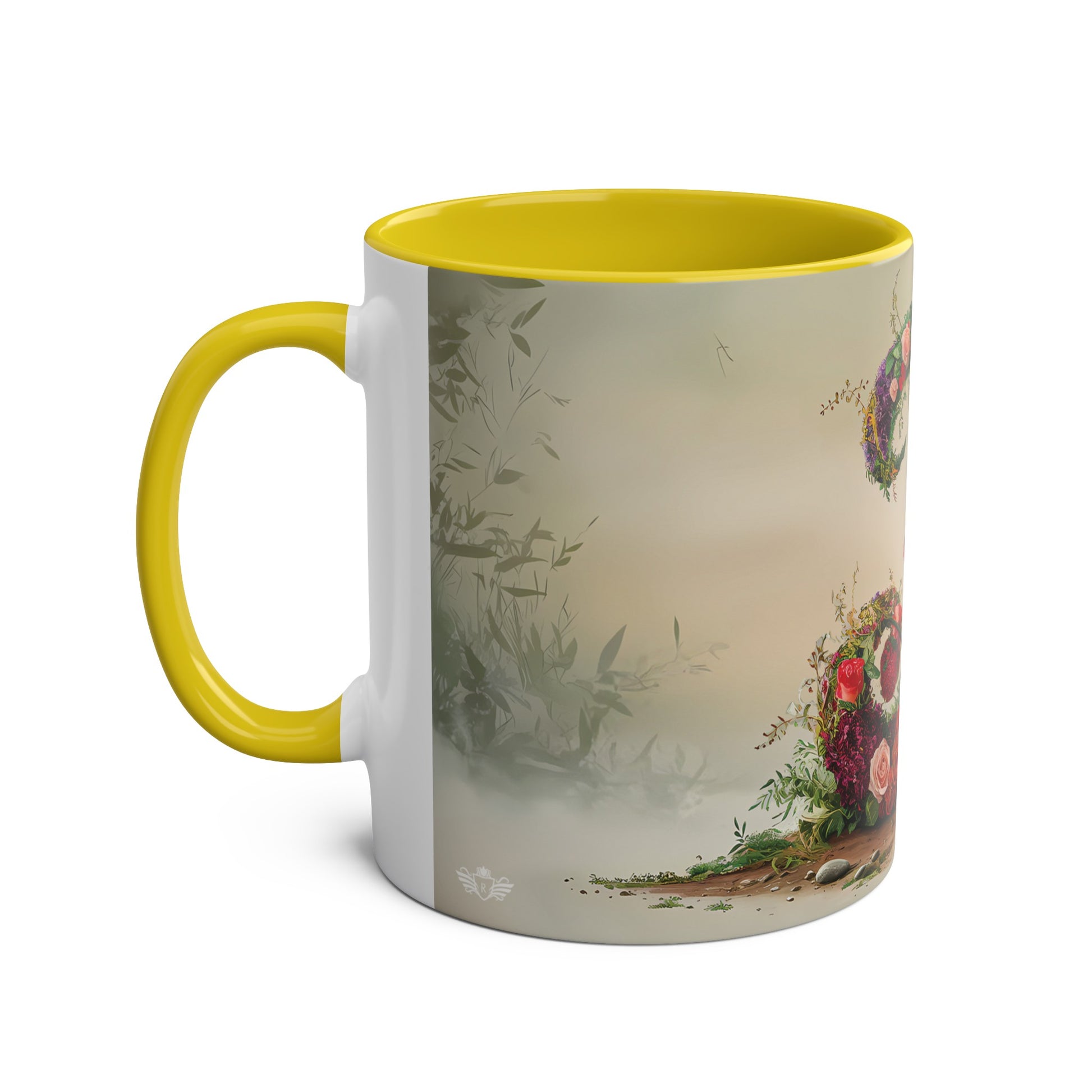 Floral Fantasy Two-Tone Ceramic Mug with Letter J Yellow-02