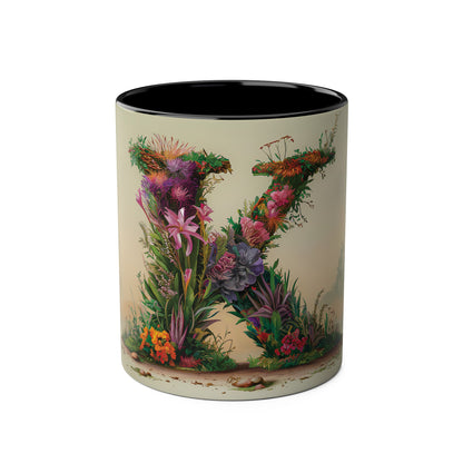 Floral Fantasy Two-Tone Ceramic Mug with Letter K Black-01