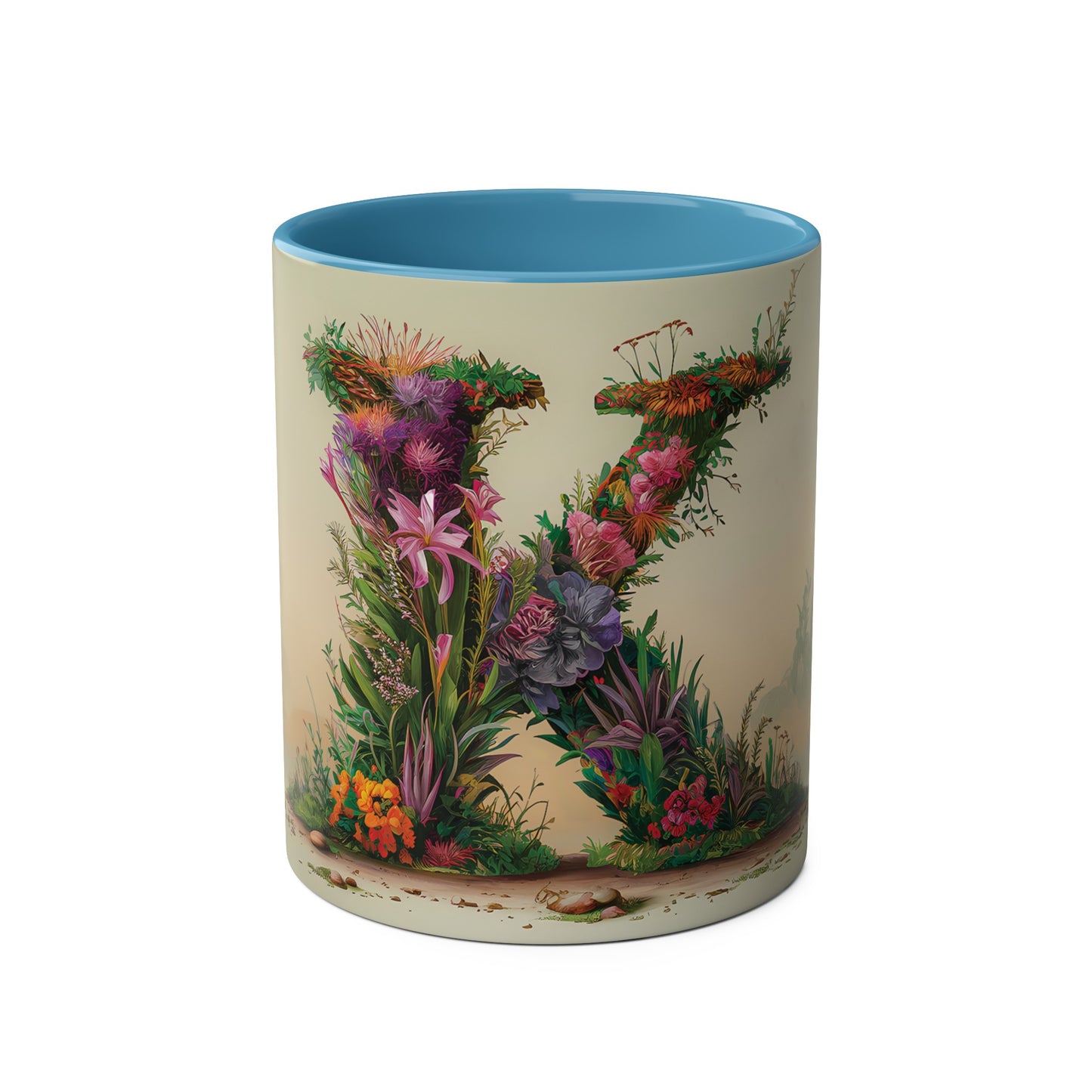 Floral Fantasy Two-Tone Ceramic Mug with Letter K Blue-01