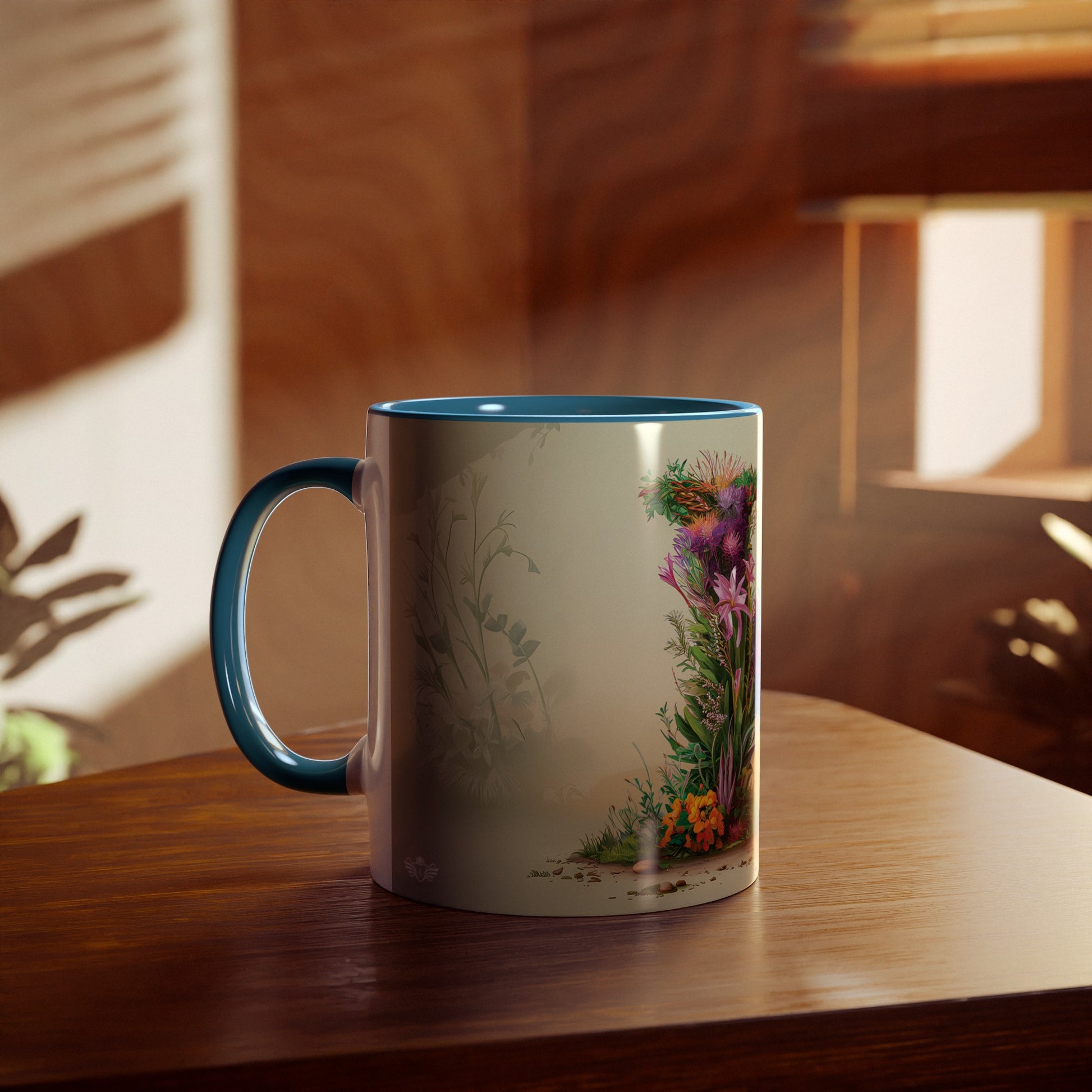 Floral Fantasy Two-Tone Ceramic Mug with Letter K Blue-04