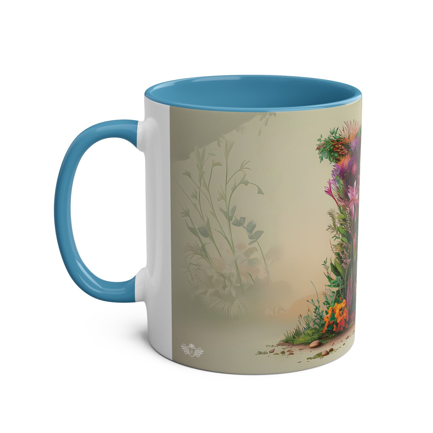 Floral Fantasy Two-Tone Ceramic Mug with Letter K Blue-02