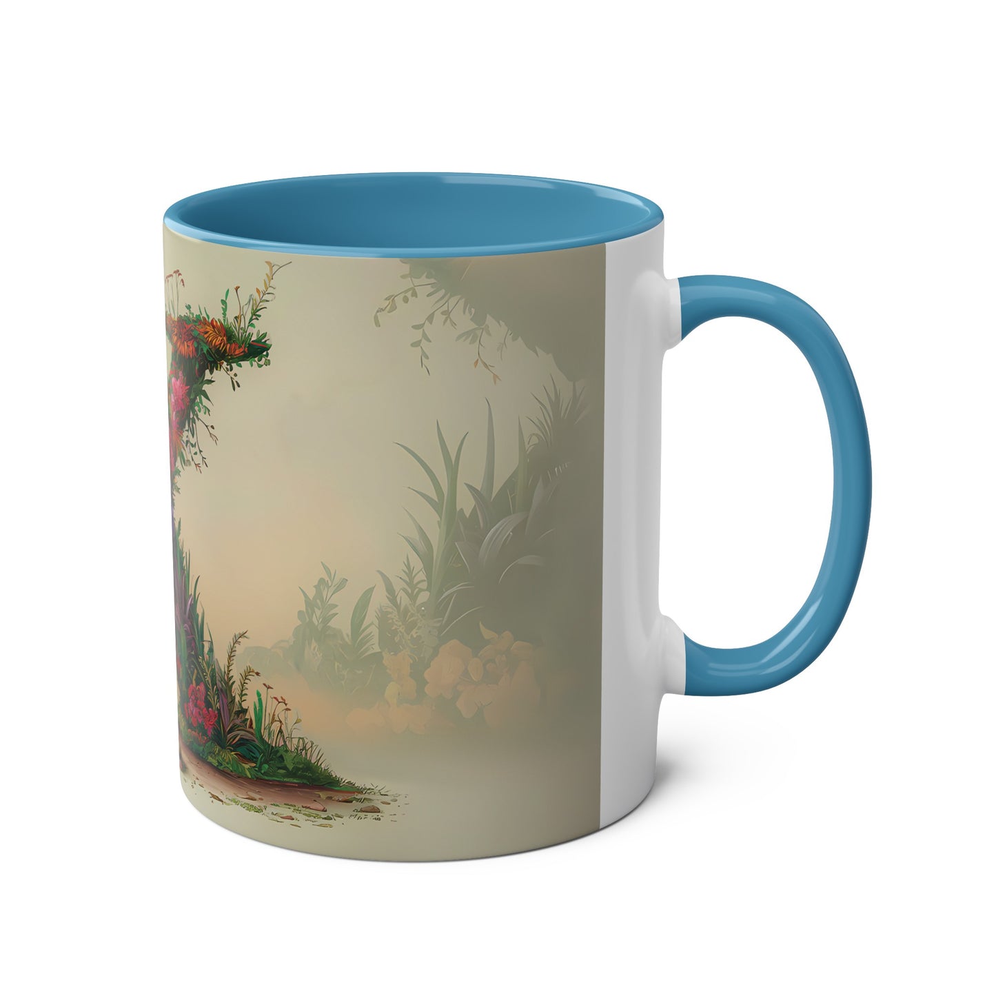 Floral Fantasy Two-Tone Ceramic Mug with Letter K Blue-03