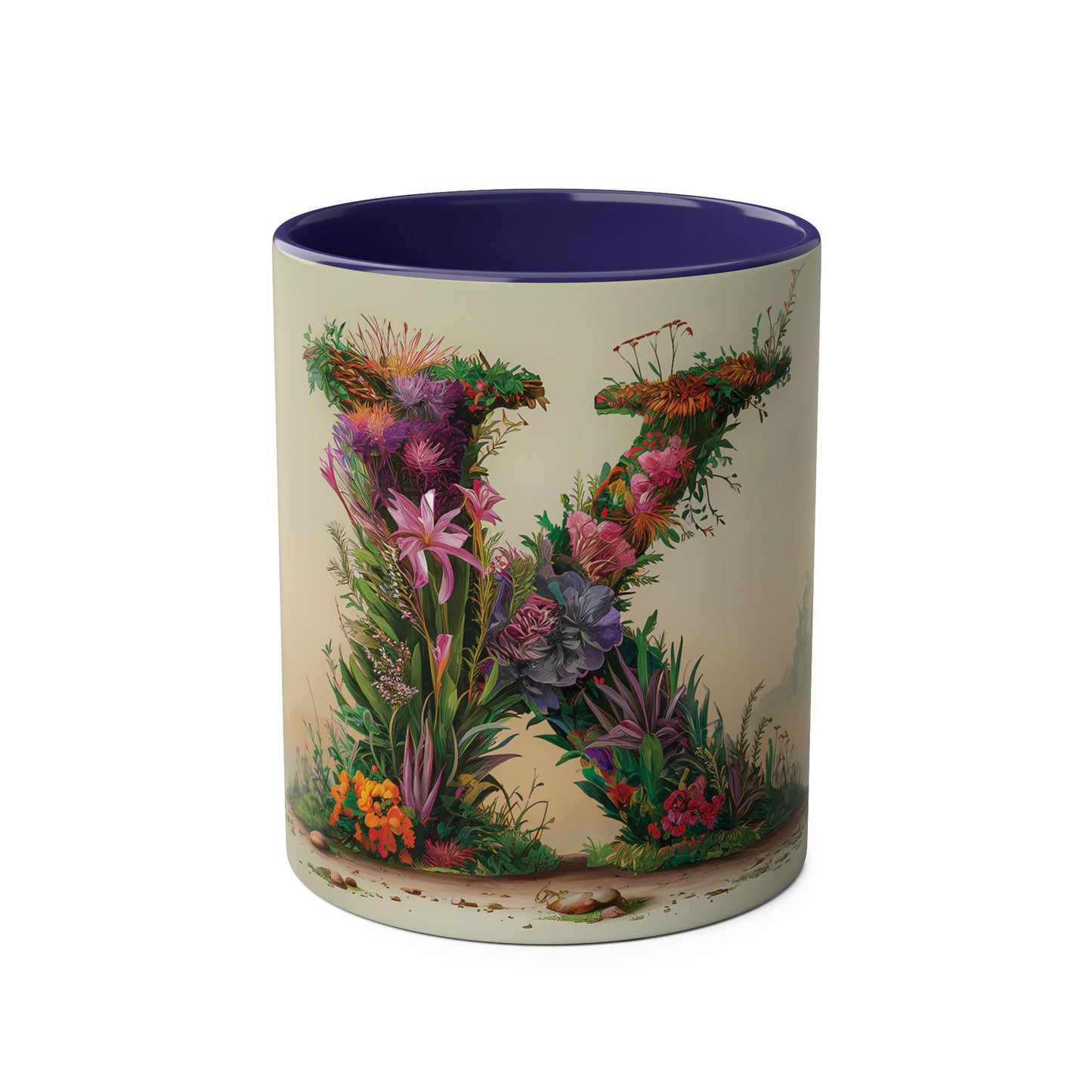 Floral Fantasy Two-Tone Ceramic Mug with Letter K Dark Blue-01