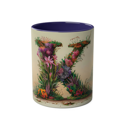 Floral Fantasy Two-Tone Ceramic Mug with Letter K Dark Blue-01