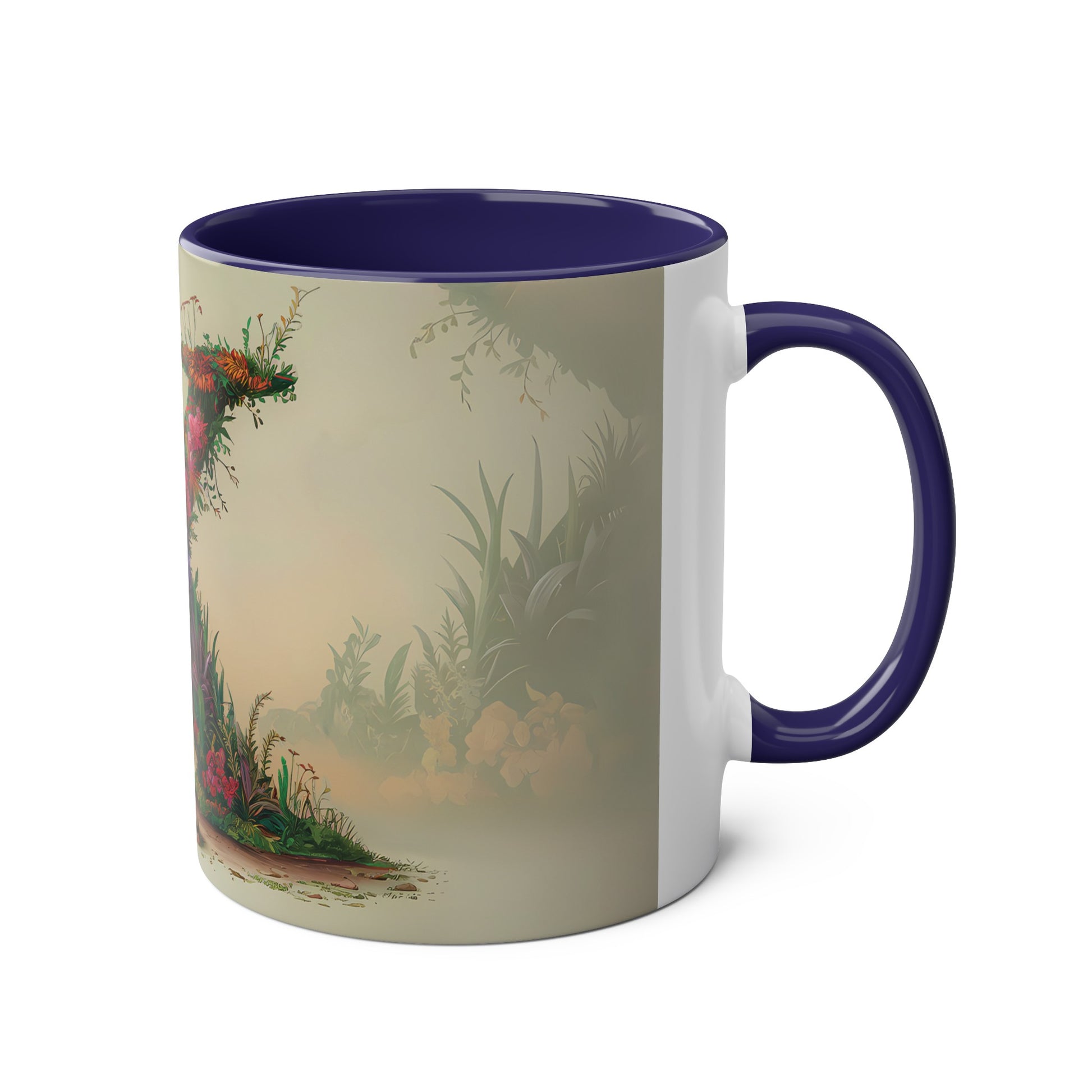 Floral Fantasy Two-Tone Ceramic Mug with Letter K Dark Blue-03