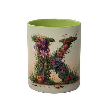 Floral Fantasy Two-Tone Ceramic Mug with Letter K