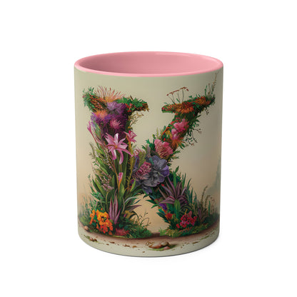 Floral Fantasy Two-Tone Ceramic Mug with Letter K Pink-01